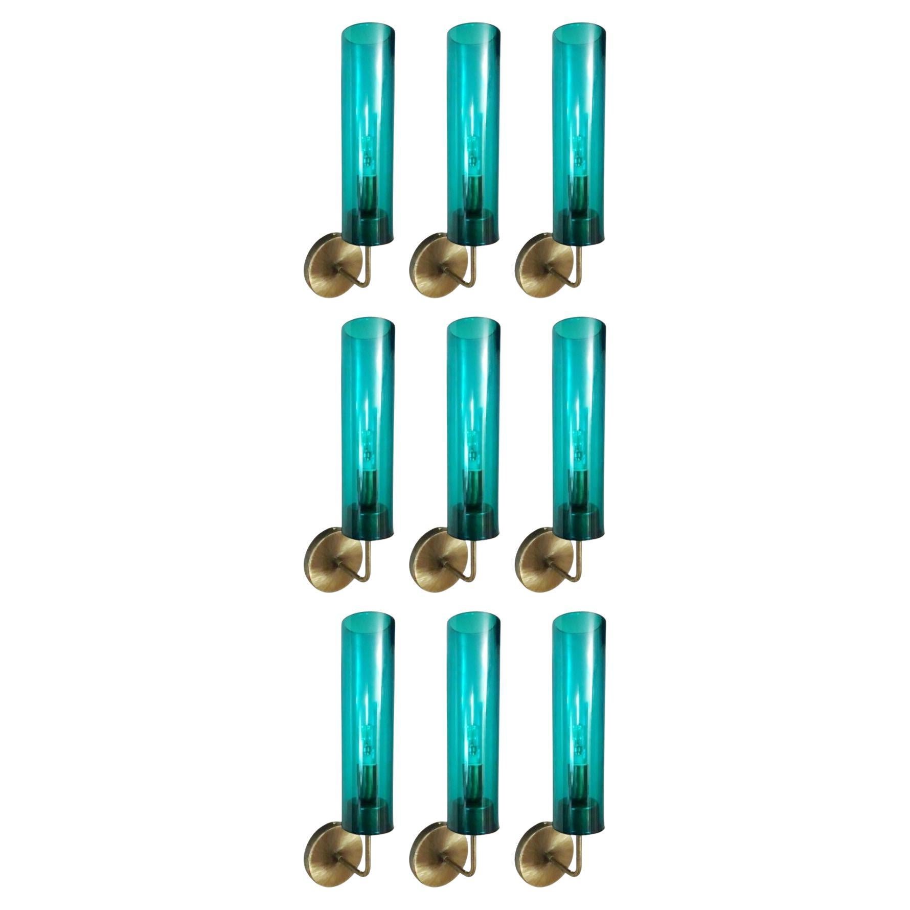 Neuf appliques avec tubes en verre de Murano bleu de style Agne Jakobsson. Italie, années 1970