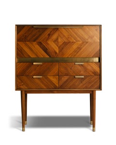 Nine Skies Bar Cabinet Handmade Teak Brass Leather Marble Mid Century, In Stock