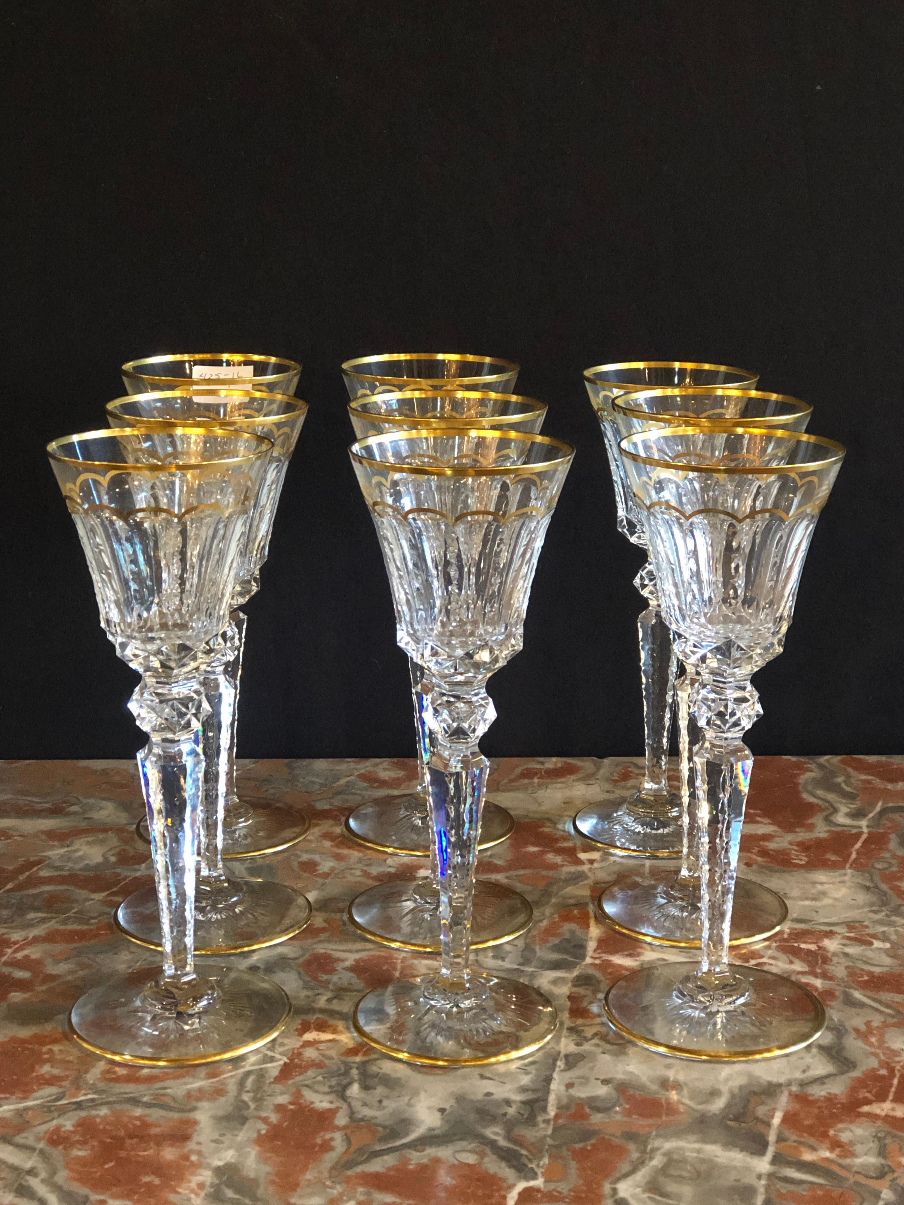 Nine St Louis crystal wine glasses mouth blown and hand engraved large sized all watermarked.
St. Louis Crystal, France, circa 1967. Magnificently tall, these stunning St. Louis Wine Glasses in the renowned “Excellence” pattern feature a detailed