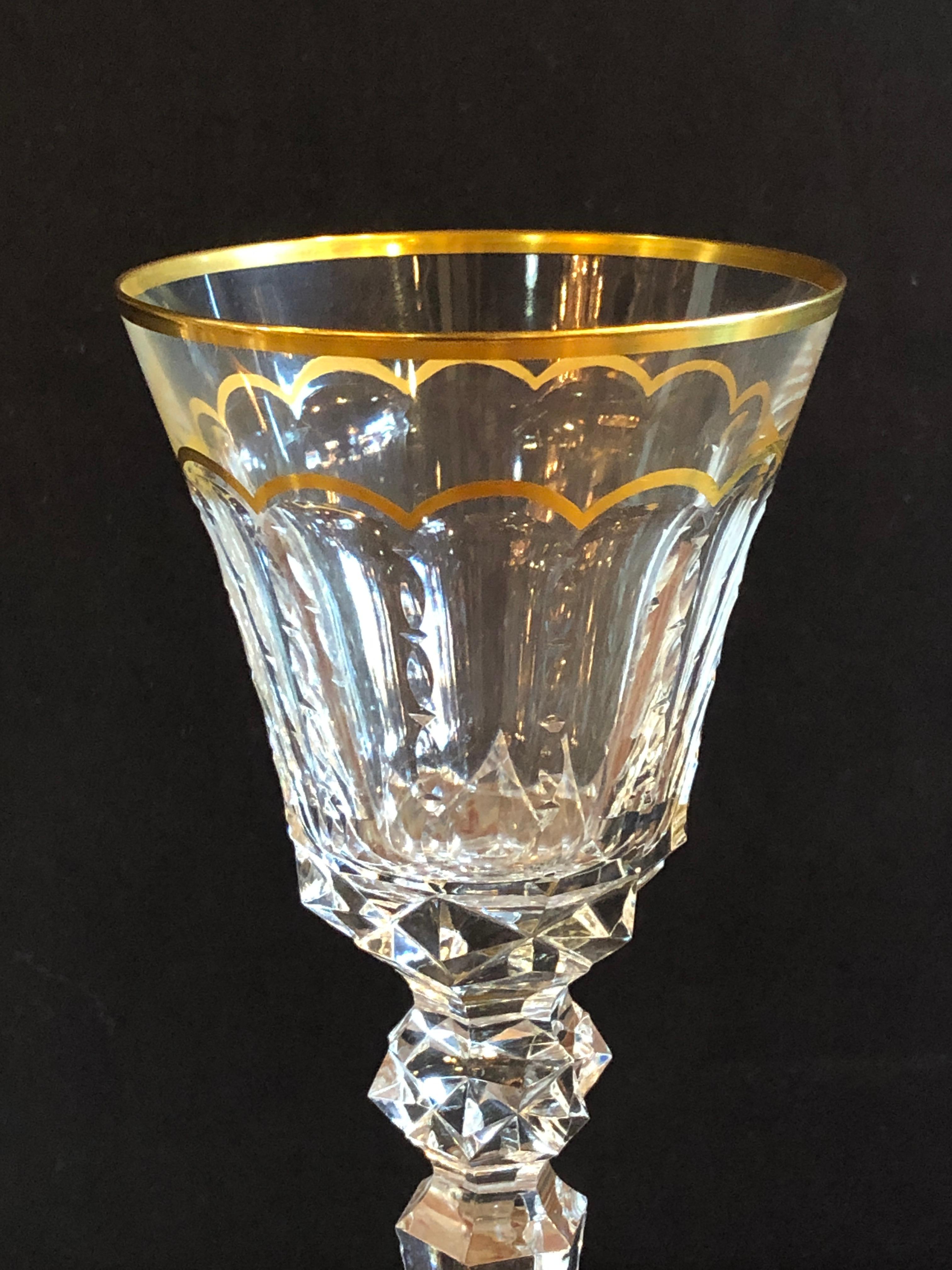 French  Nine St Louis Crystal Wine Glasses Mouth Blown & Hand Engraved Large Sized