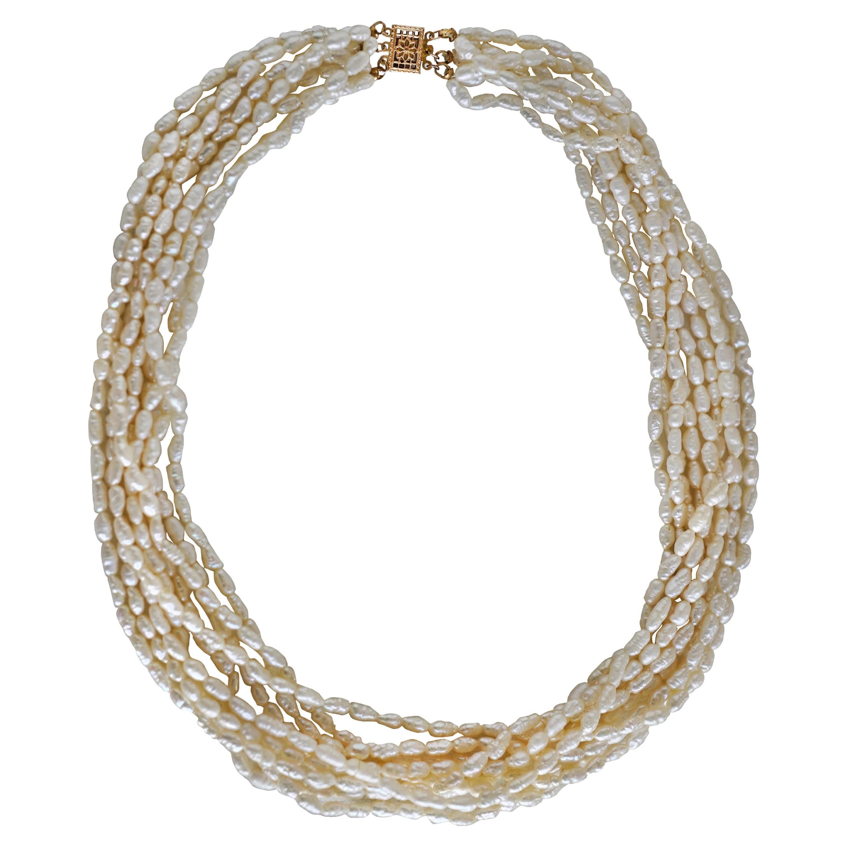 14K Yellow Gold Clasp Multi Strand Freshwater Pearl Necklace 