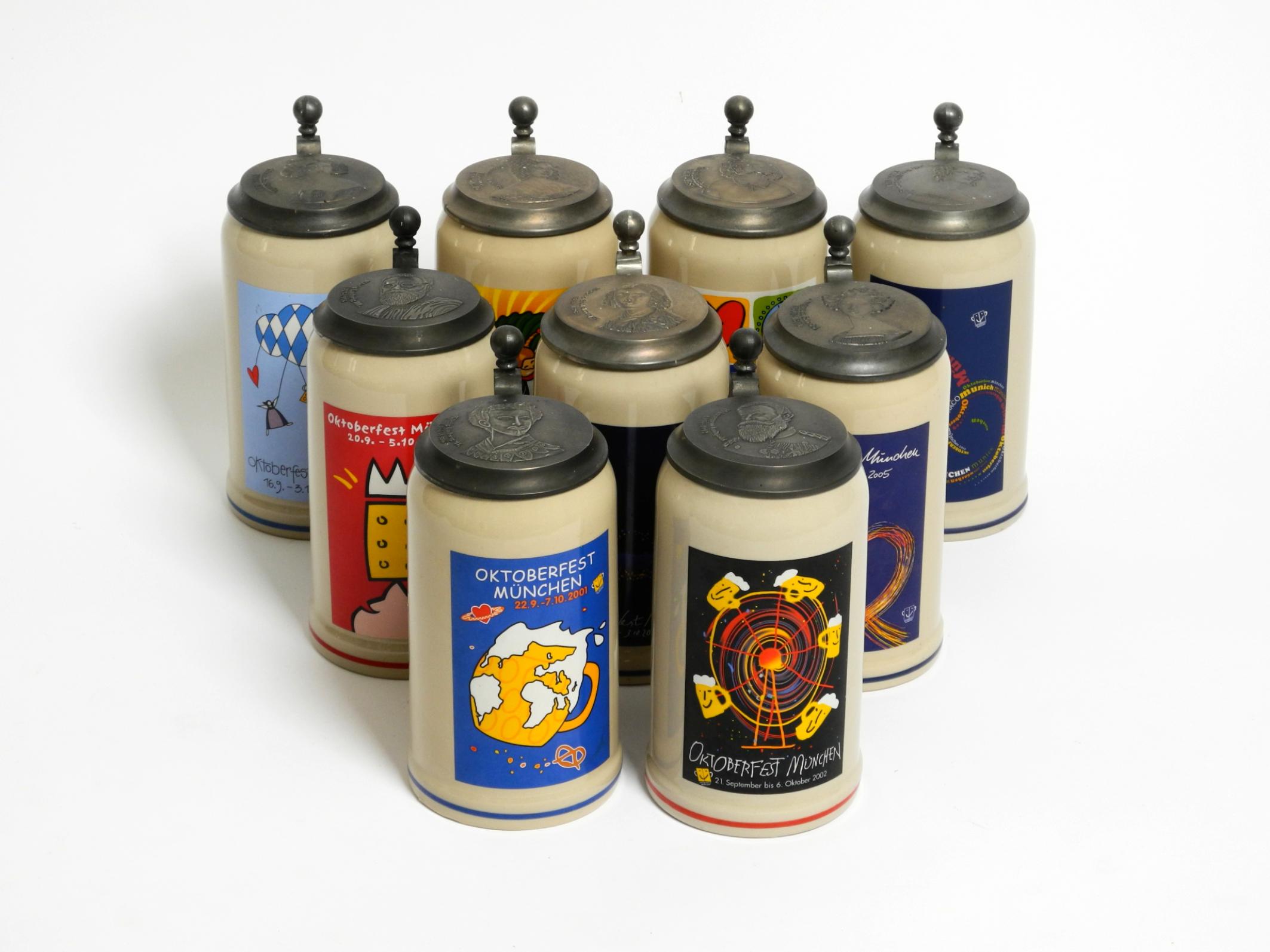 Nine unused Munich Oktoberfest beer Pitchers with tin lids from 2001-2009 For Sale 8