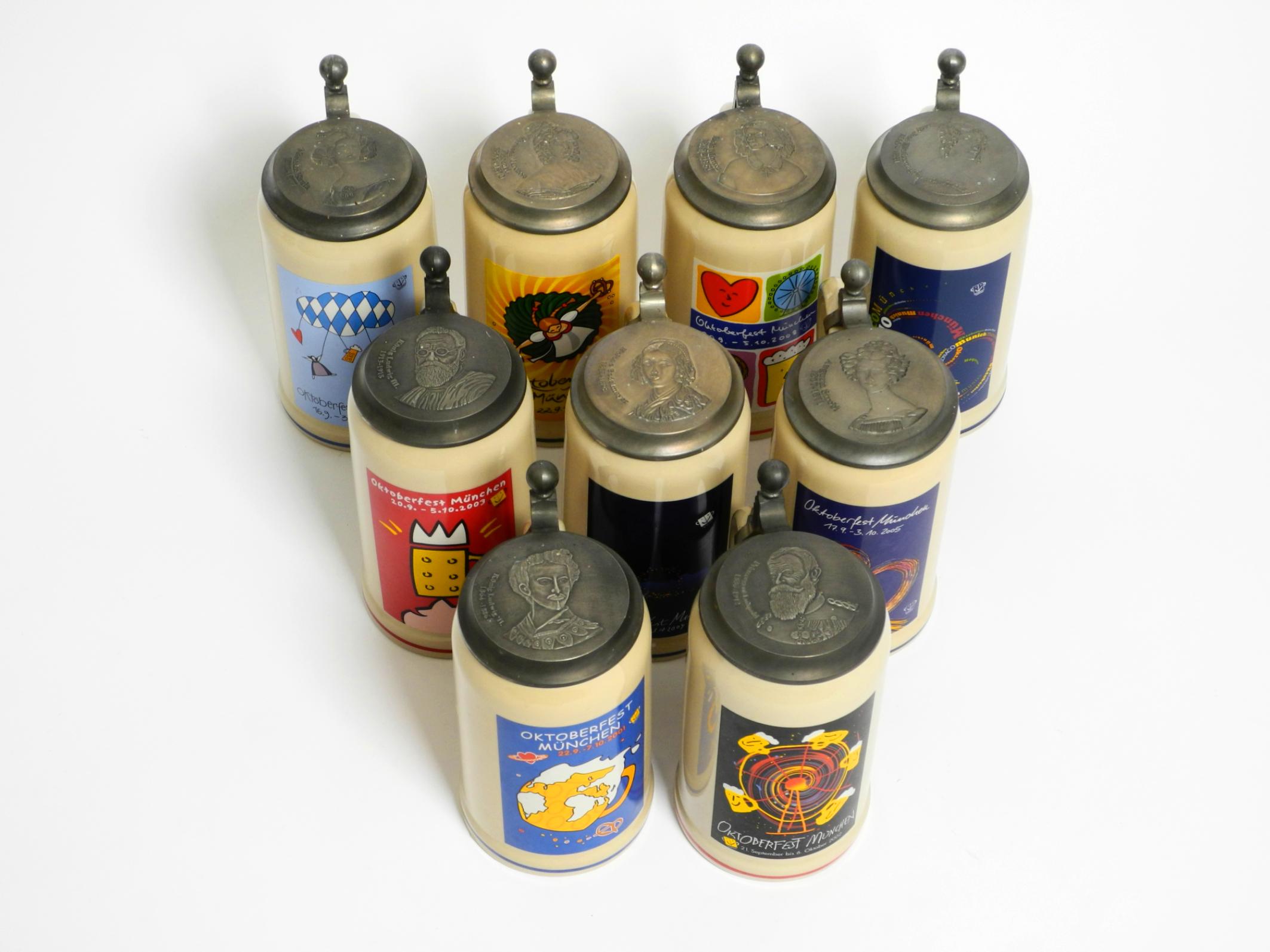 German Nine unused Munich Oktoberfest beer Pitchers with tin lids from 2001-2009 For Sale