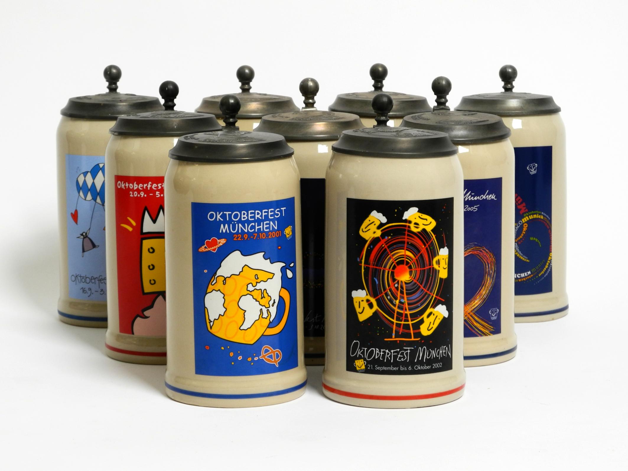 Nine unused Munich Oktoberfest beer Pitchers with tin lids from 2001-2009 In Good Condition For Sale In München, DE
