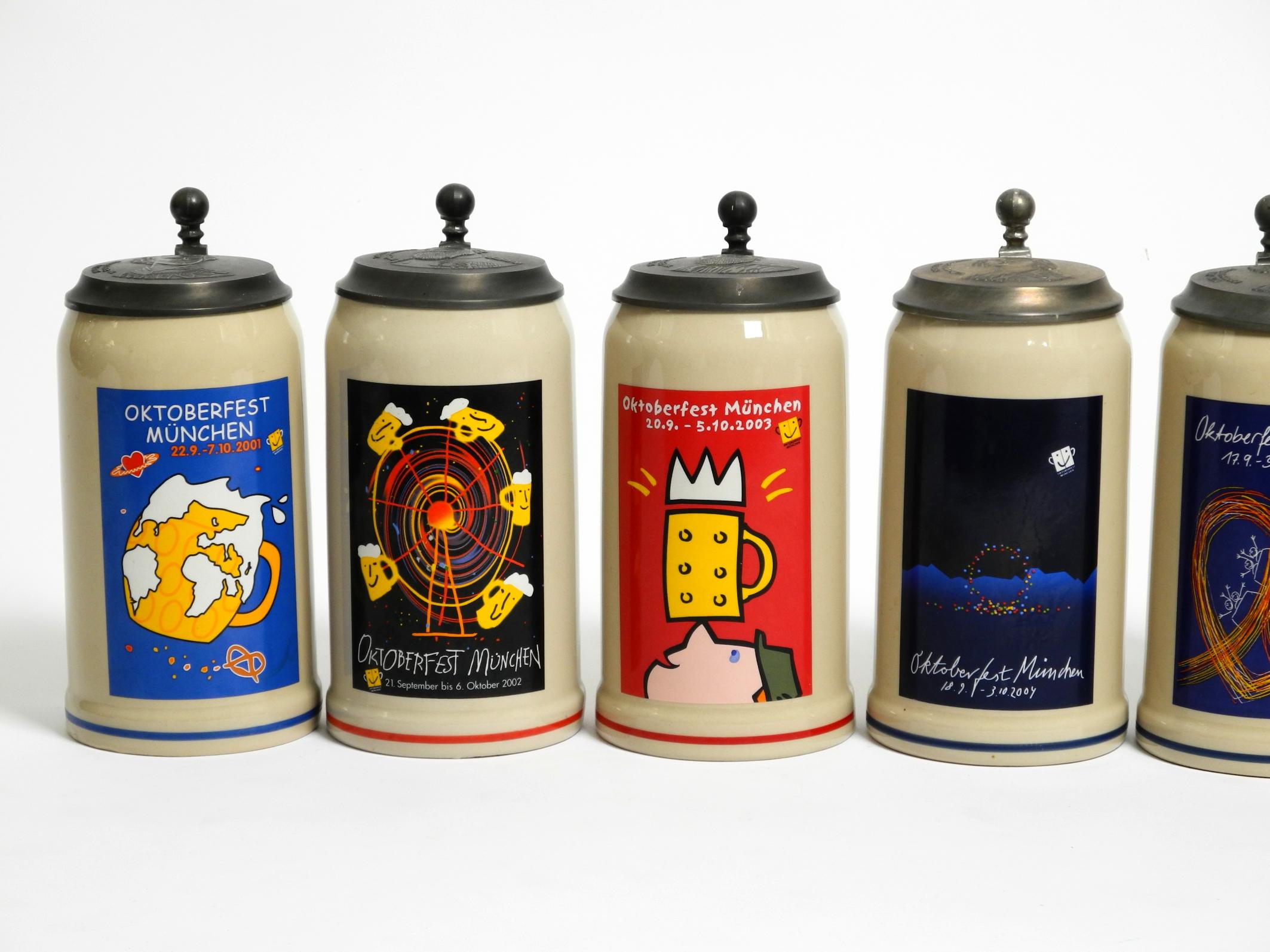 Contemporary Nine unused Munich Oktoberfest beer Pitchers with tin lids from 2001-2009 For Sale