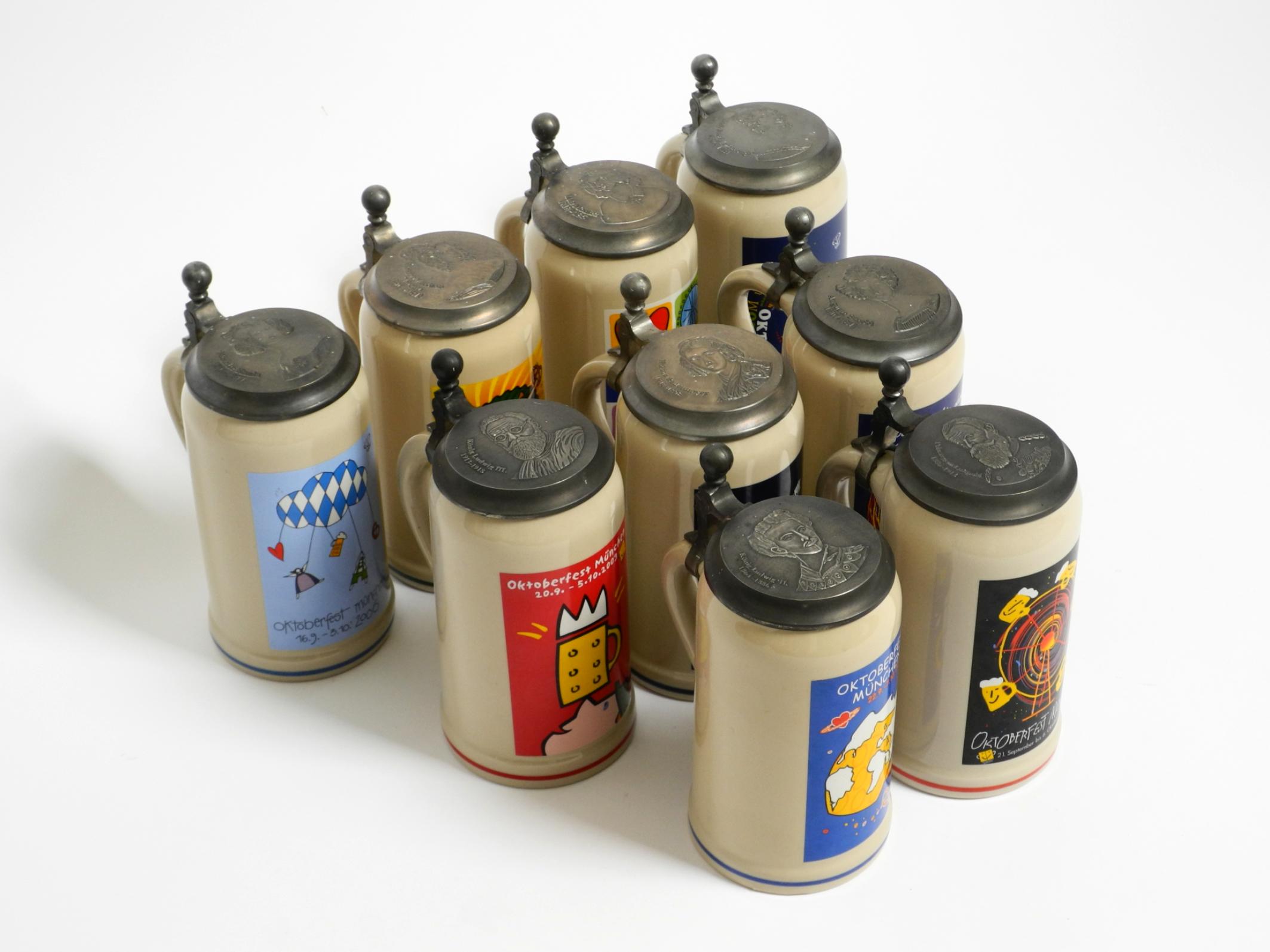 Nine unused Munich Oktoberfest beer Pitchers with tin lids from 2001-2009 For Sale 1