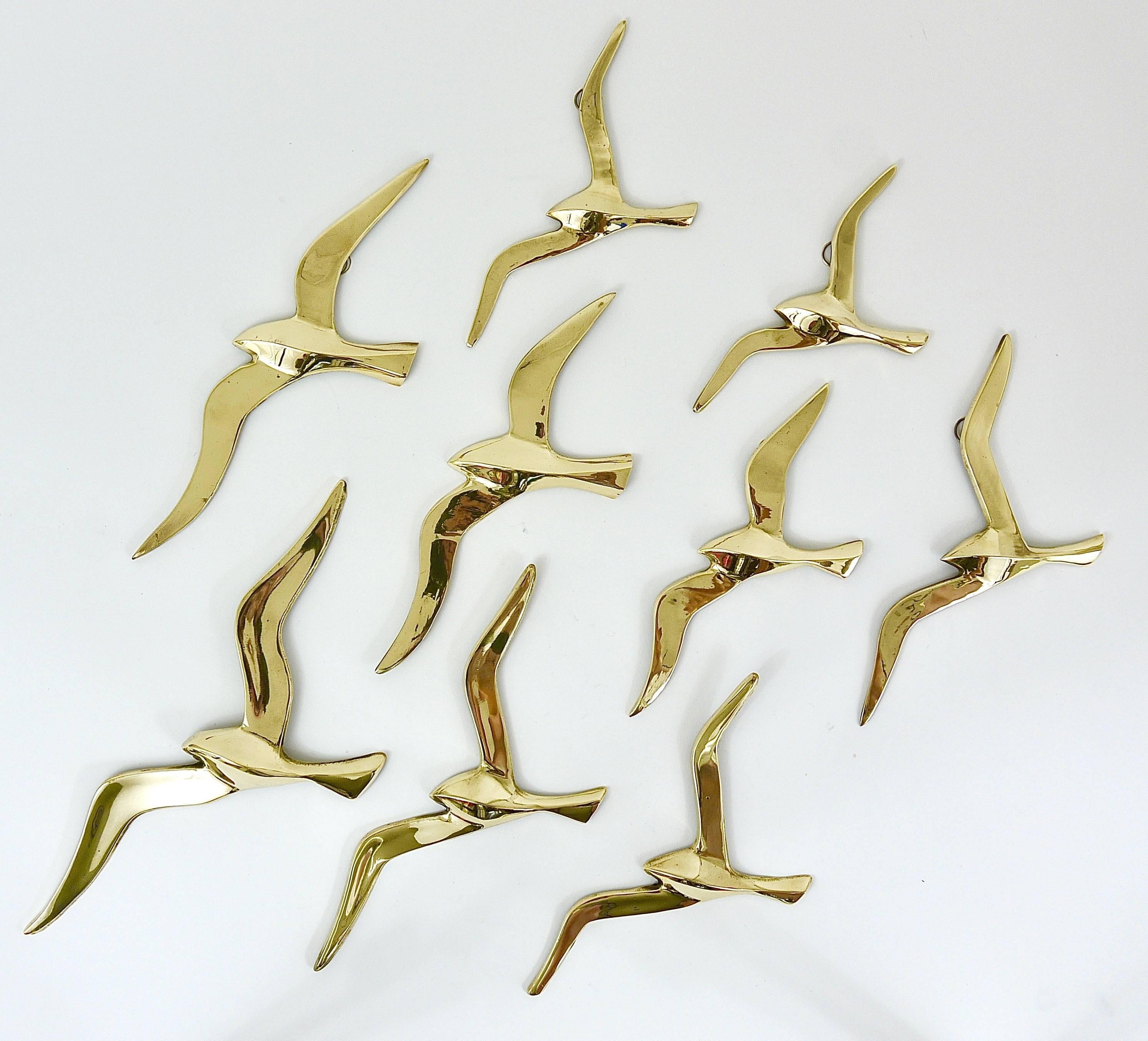 Mid-Century Modern Nine Wall-Mounted Midcentury Seagull Bird Brass Sculptures, Austria, 1950s