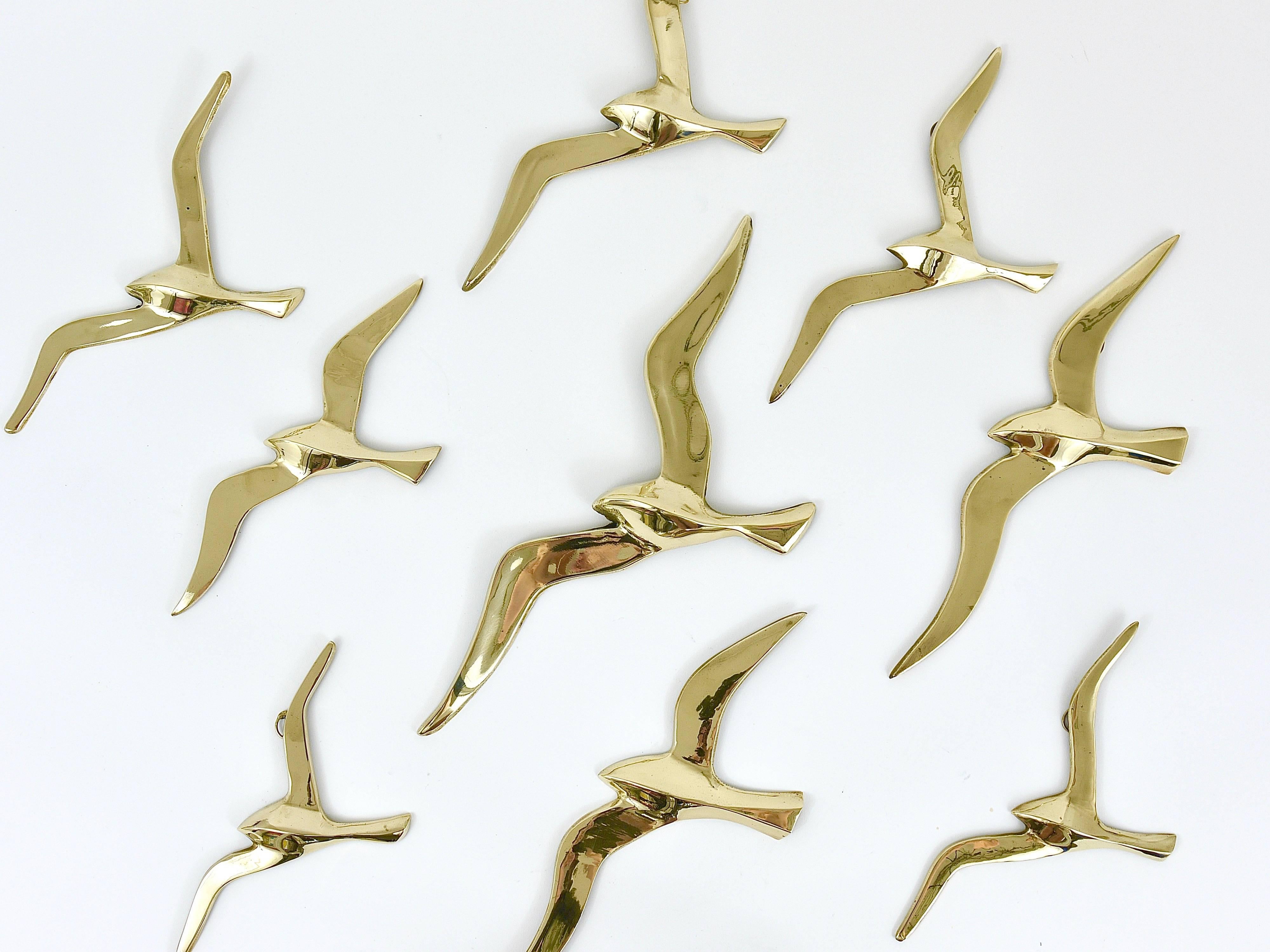 Nine Wall-Mounted Midcentury Seagull Bird Brass Sculptures, Austria, 1950s 1