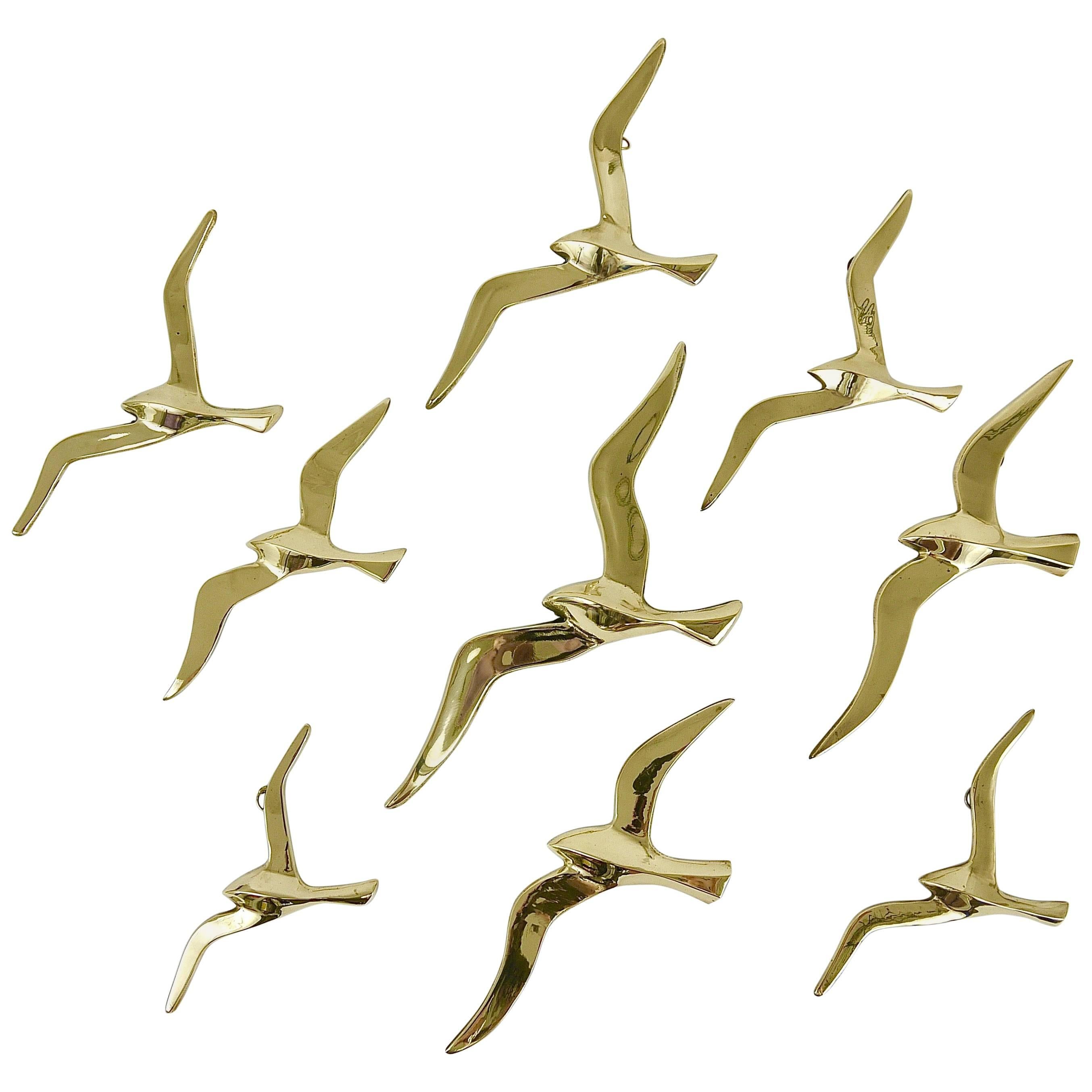 Nine Wall-Mounted Midcentury Seagull Bird Brass Sculptures, Austria, 1950s