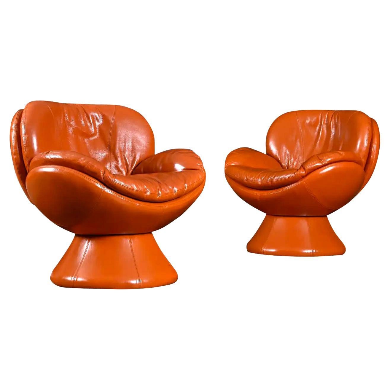 Nineteen-Laties Pedestal Base Orange Leather Swivel Pod Chairs by Jaymar