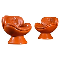 Retro Nineteen-Laties Pedestal Base Orange Leather Swivel Pod Chairs by Jaymar