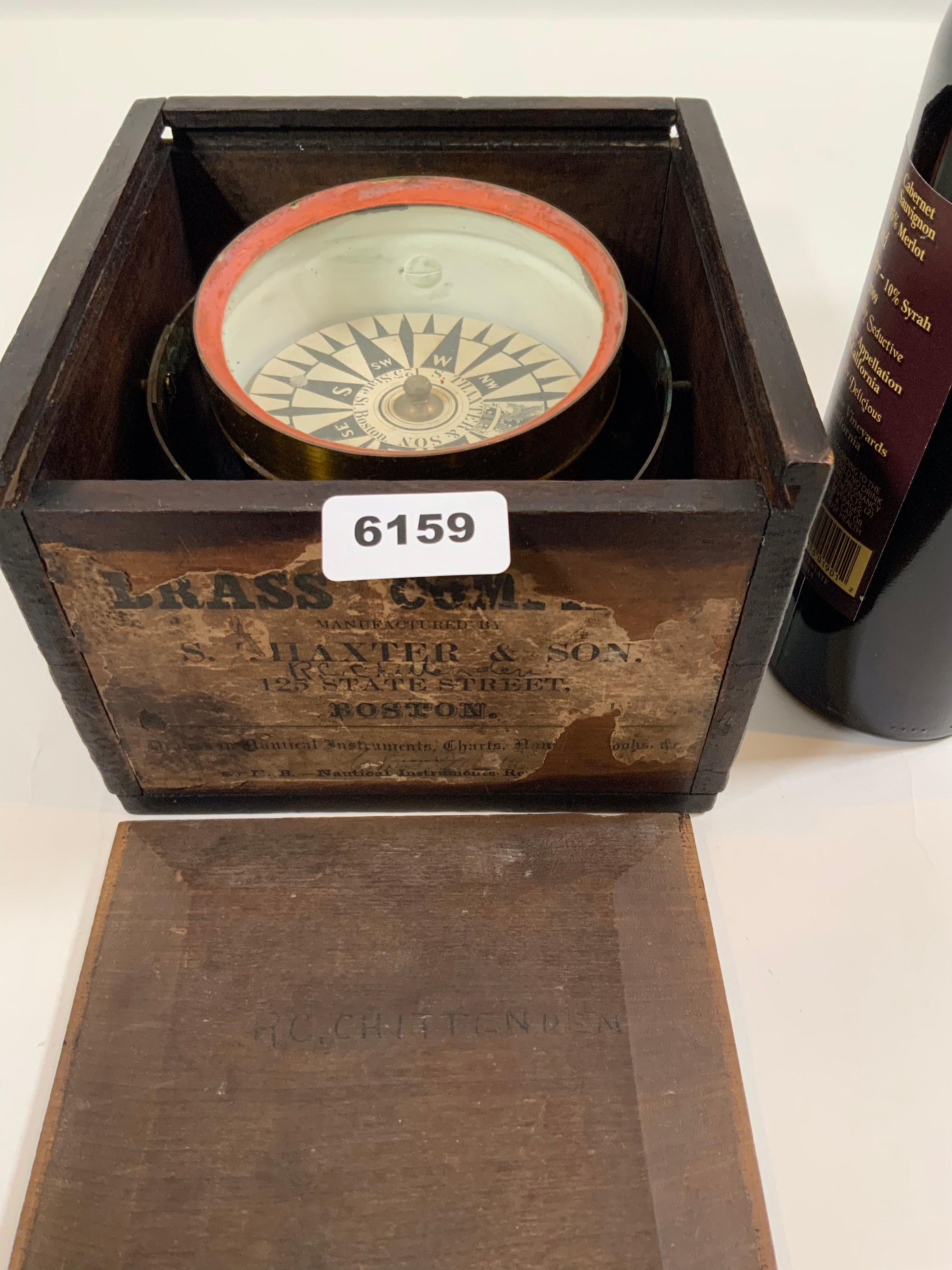 Nineteenth century boat compass in spun brass bowl by S. Thaxter and Sons of 125 State St, Boston, Massachusetts. Fitted to a timber box with remnants of the original Thaxter label. This is circa 1880. Compass card is in excellent