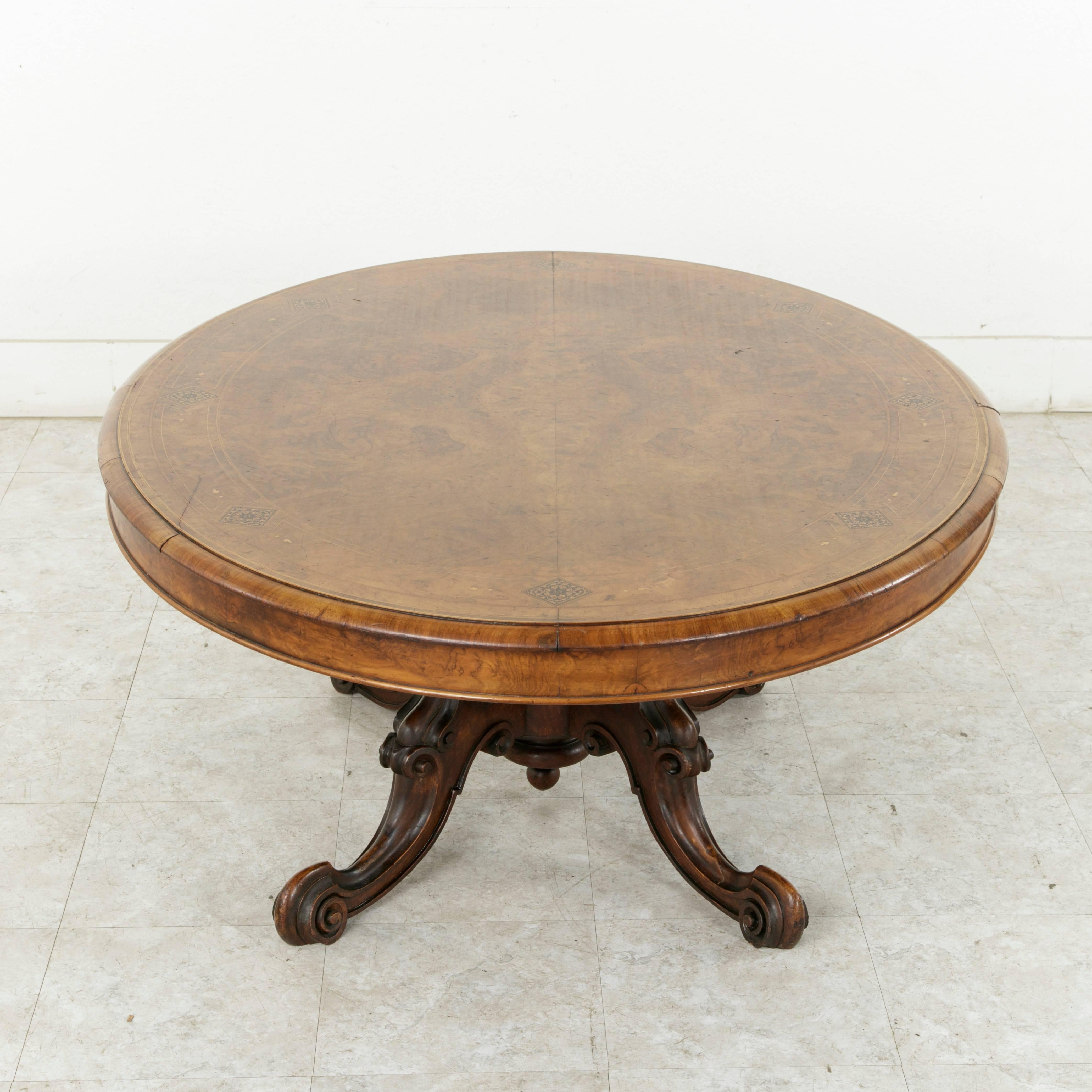 Boxwood 19th Century Burl Walnut and Marquetry English Loo Table or Coffee Table