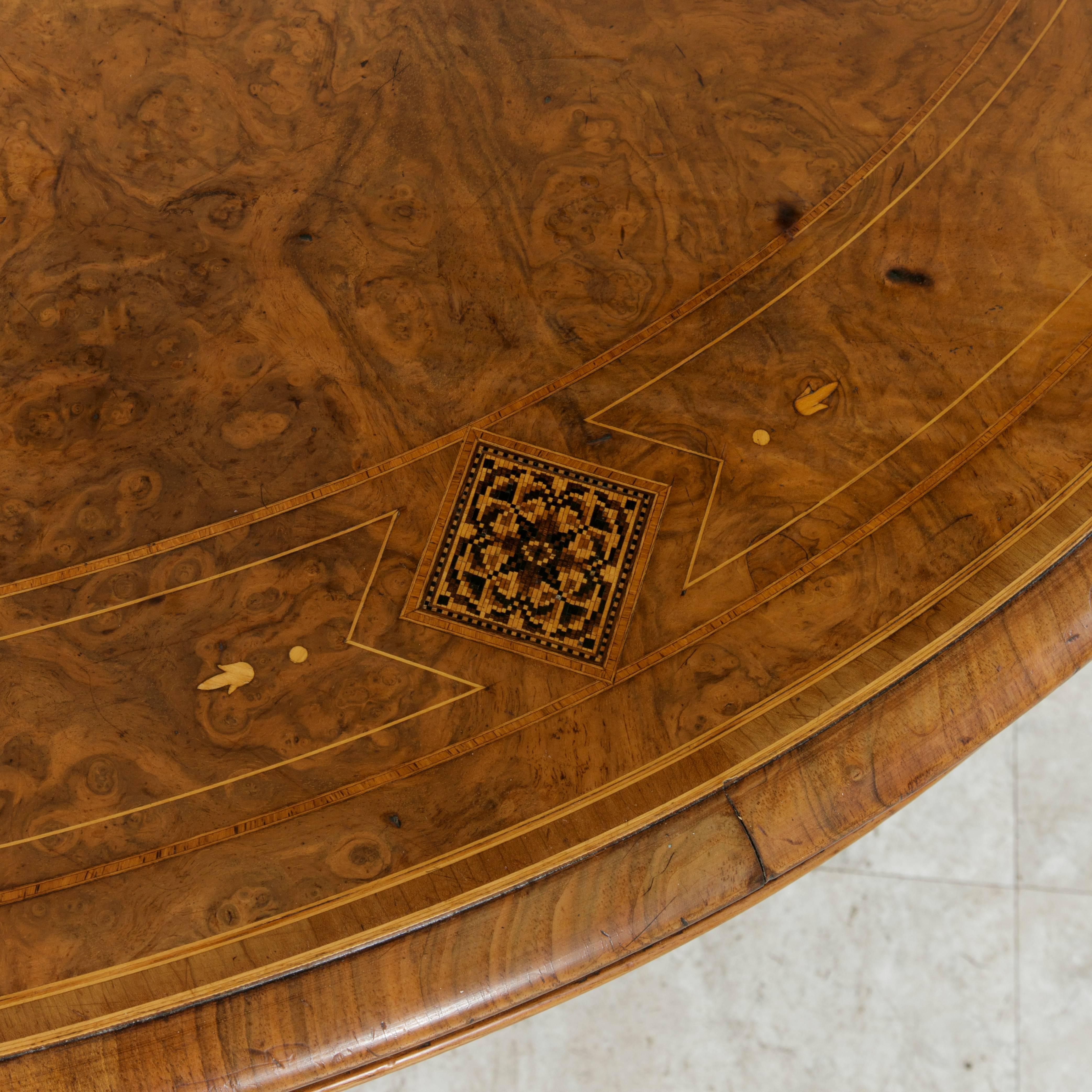 Victorian 19th Century Burl Walnut and Marquetry English Loo Table or Coffee Table