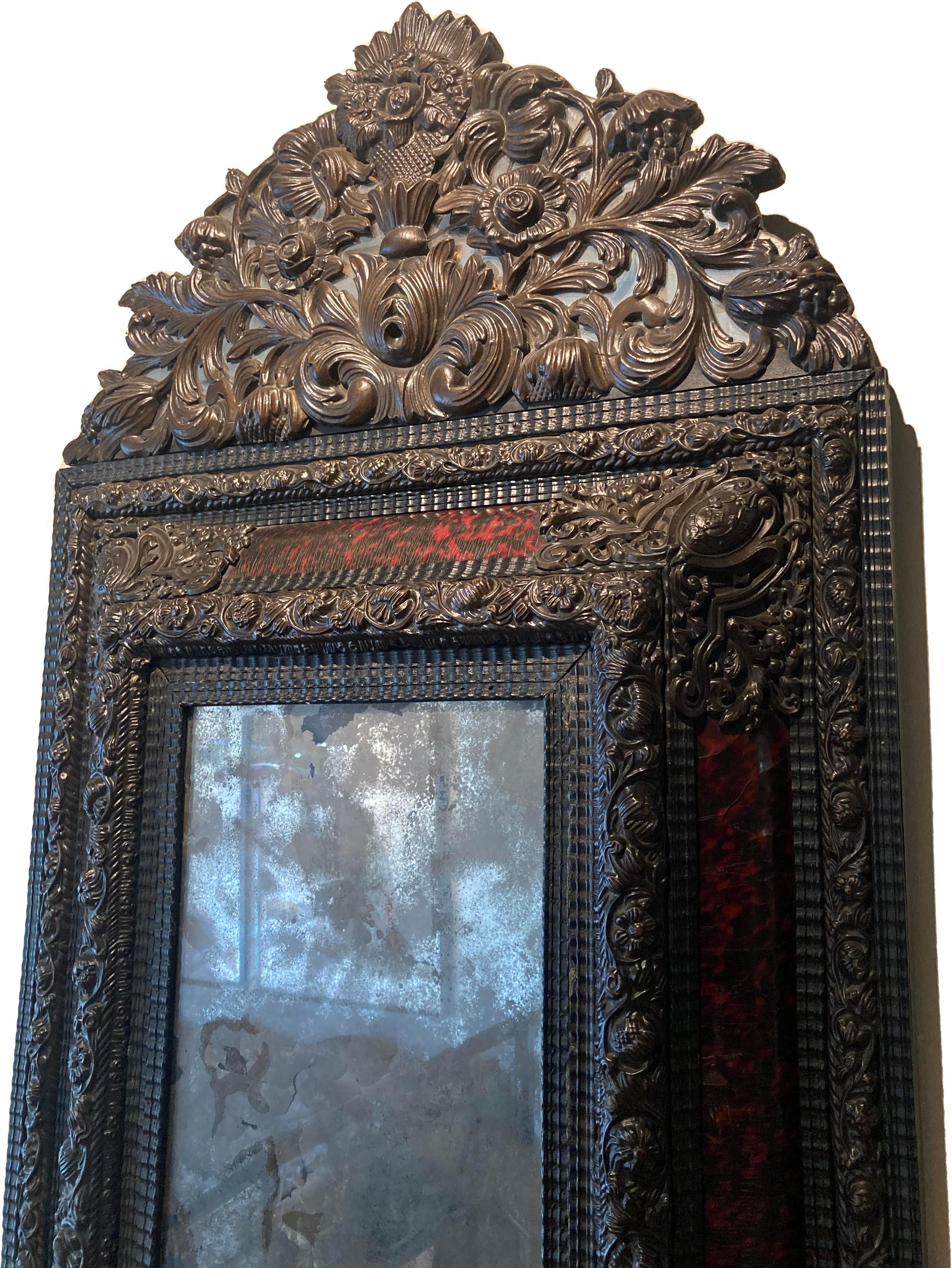 Baroque Nineteenth Century Dutch Tortoise and Brass Embossed Cushion Mirror For Sale