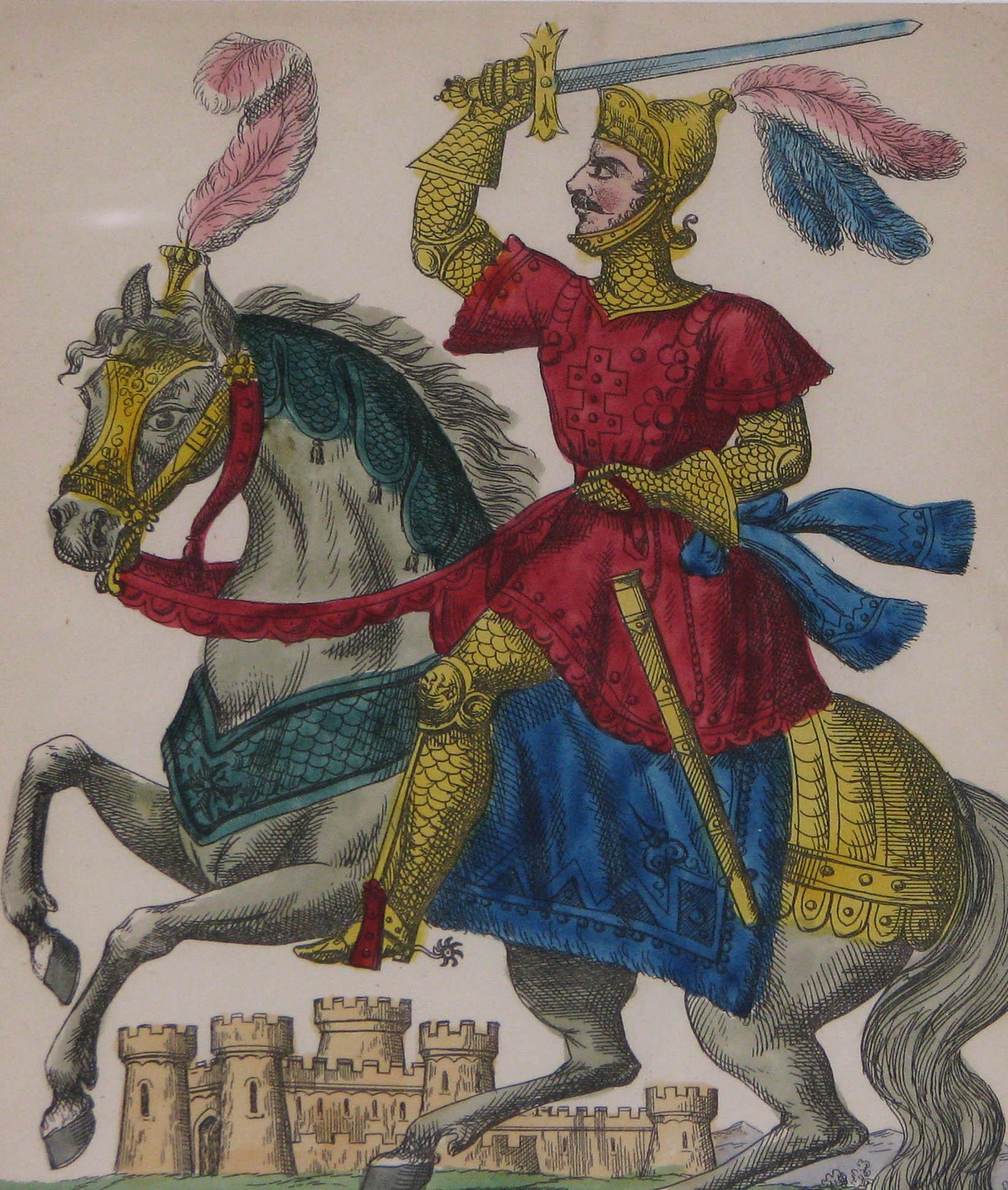 'Sir Brian', an original 19th century copper plate theatrical print with vivid original hand color published by John Redington at his Theatrical Print Warehouse in Hoxton Old Town, London, in 1852. 'Sir Brian' is depicted as a medieval knight seated