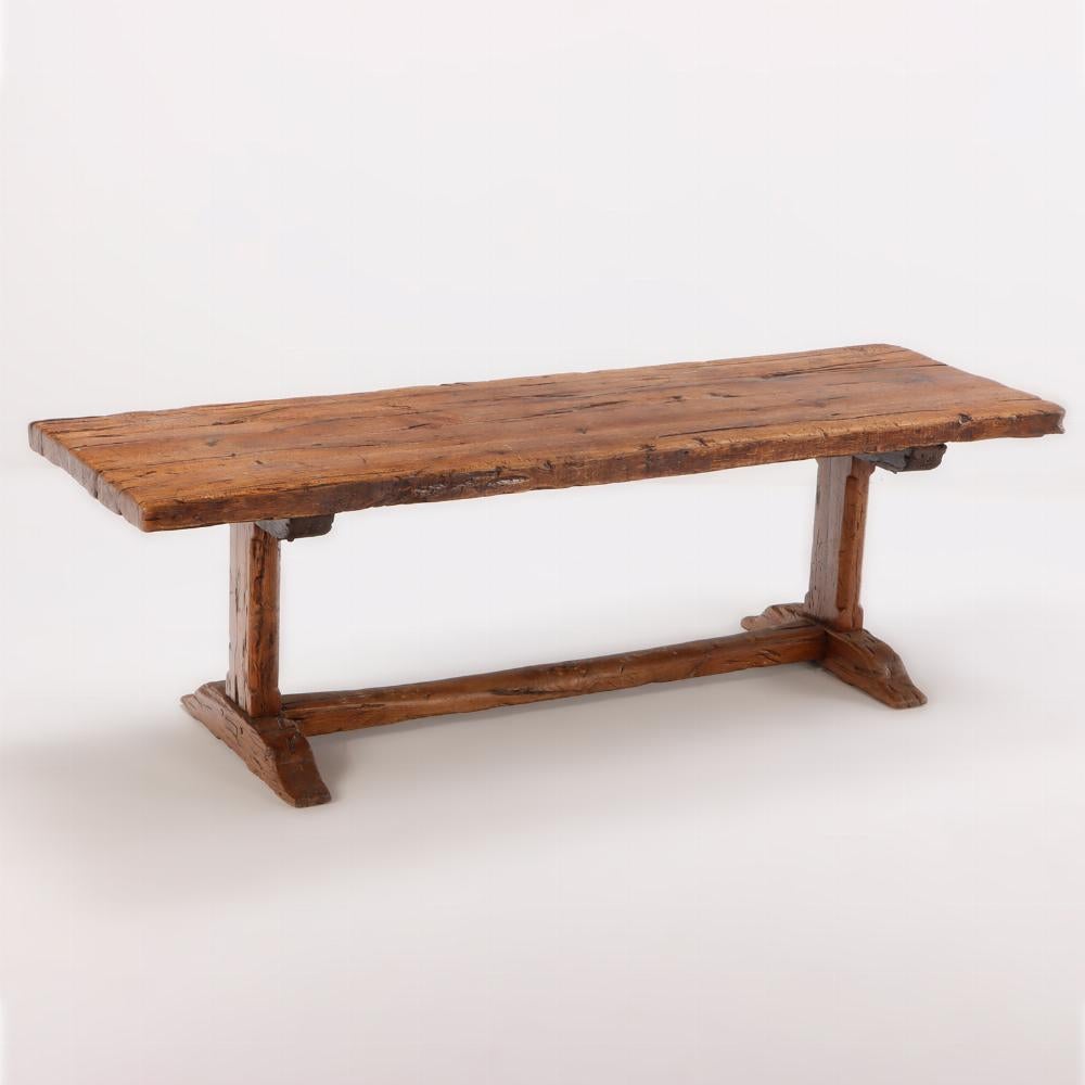 Nineteenth century French Elm farm table with trestle base. In Good Condition In Philadelphia, PA