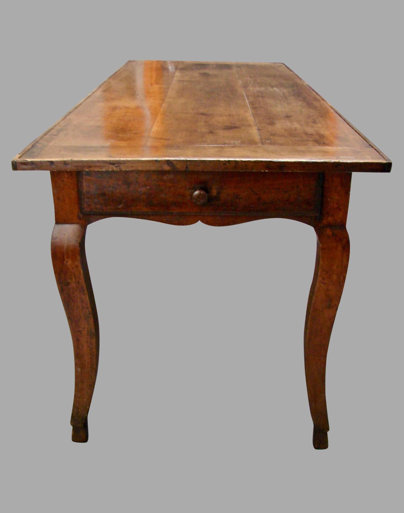 19th Century French Fruitwood Farm Table with Long Drawer In Good Condition In San Francisco, CA