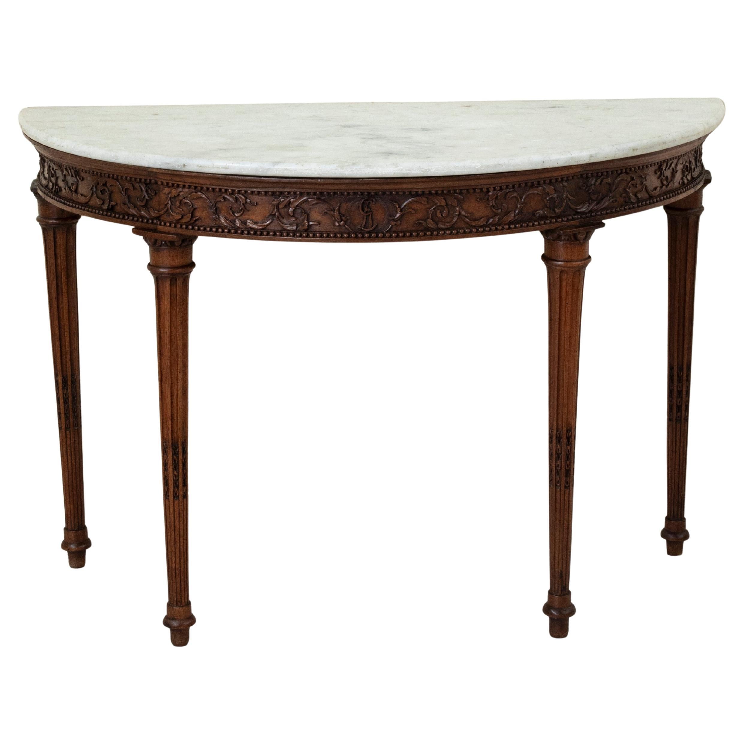 Tavolo consolle demi-lune in legno di noce in stile Luigi XVI del XIX secolo, marmo in vendita