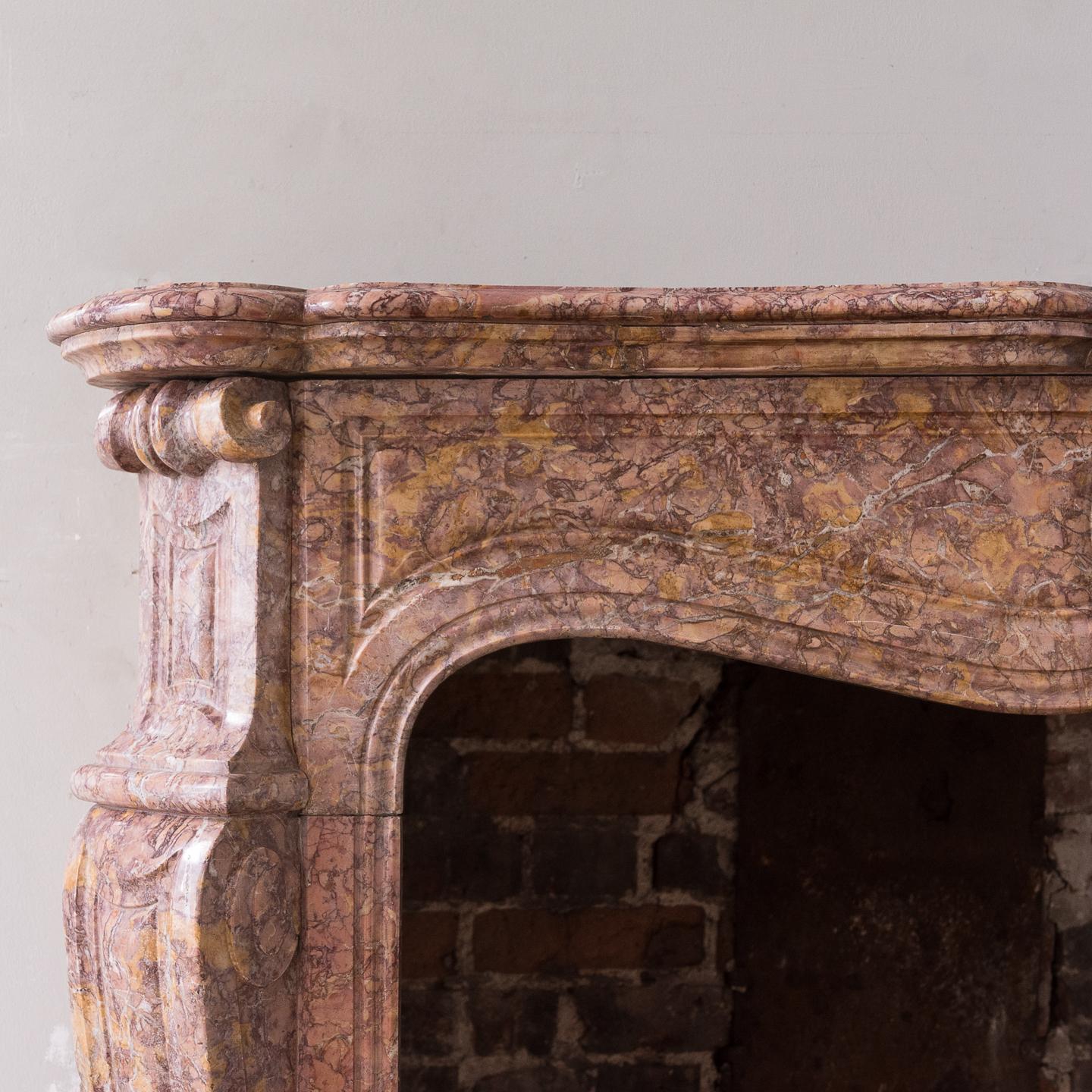 Louis XV Nineteenth Century French Pompadour Fireplace in Brocatello Marble For Sale