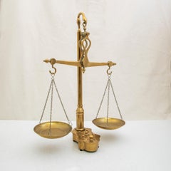 Nineteenth Century Hanging Bronze Scales with Nested Six Weights, 21-in high