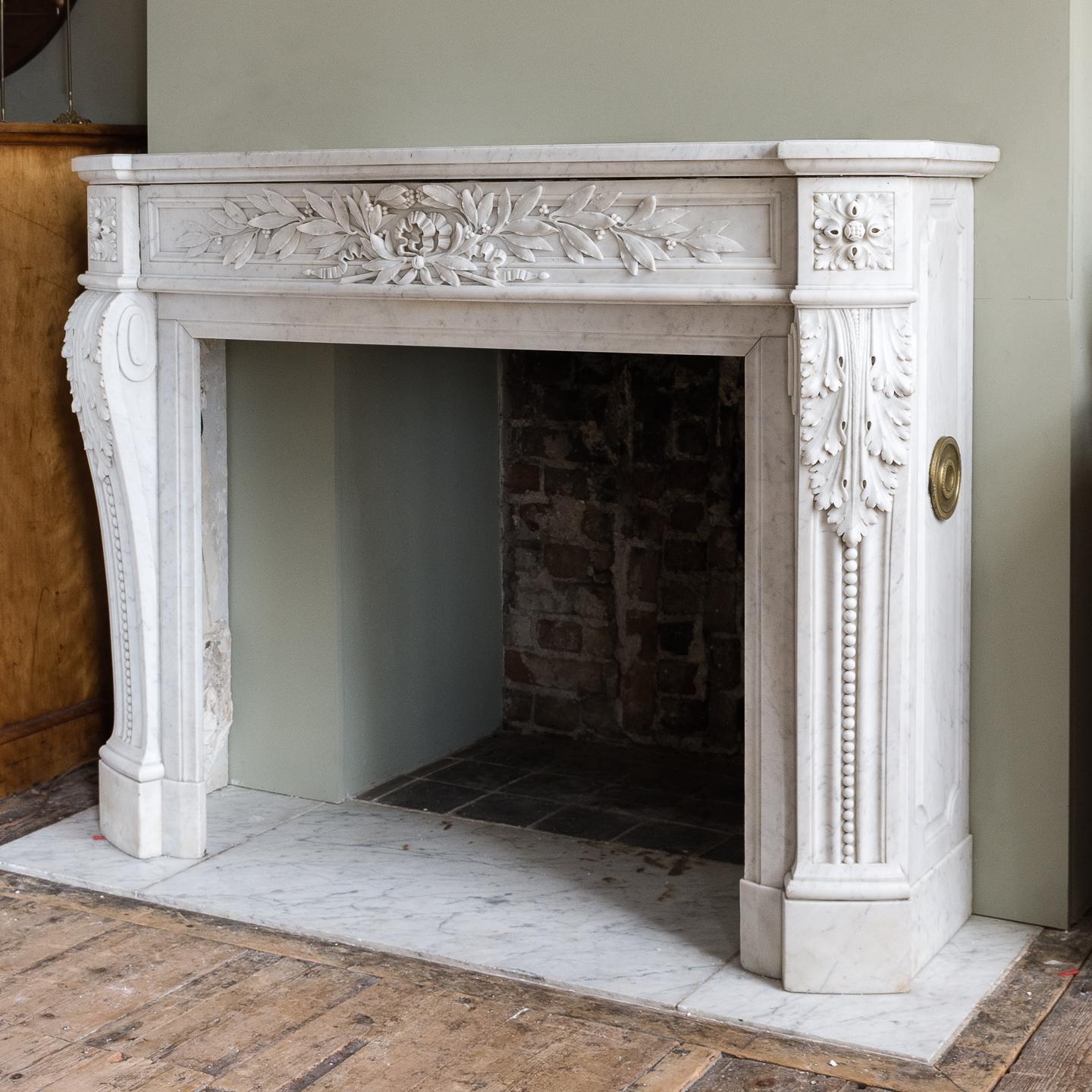 Nineteenth Century Louis XVI Style Carrara Marble Fireplace 5