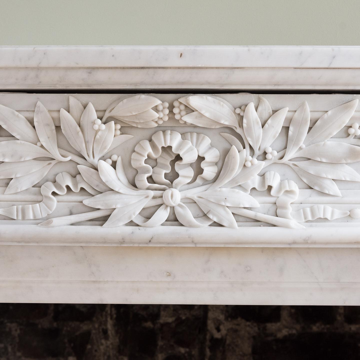 19th Century Nineteenth Century Louis XVI Style Carrara Marble Fireplace