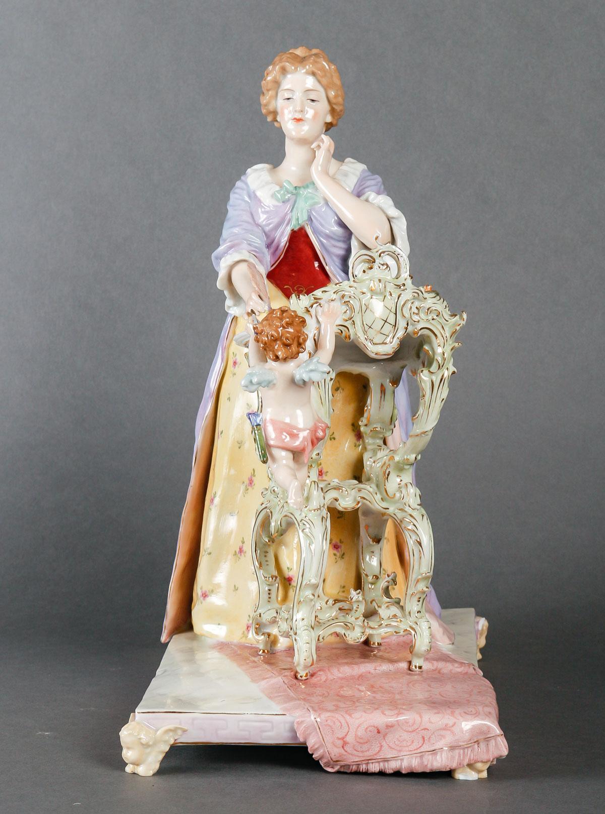European Nineteenth-Century Porcelain Sculpture, Elegant Woman at her Writing Table For Sale