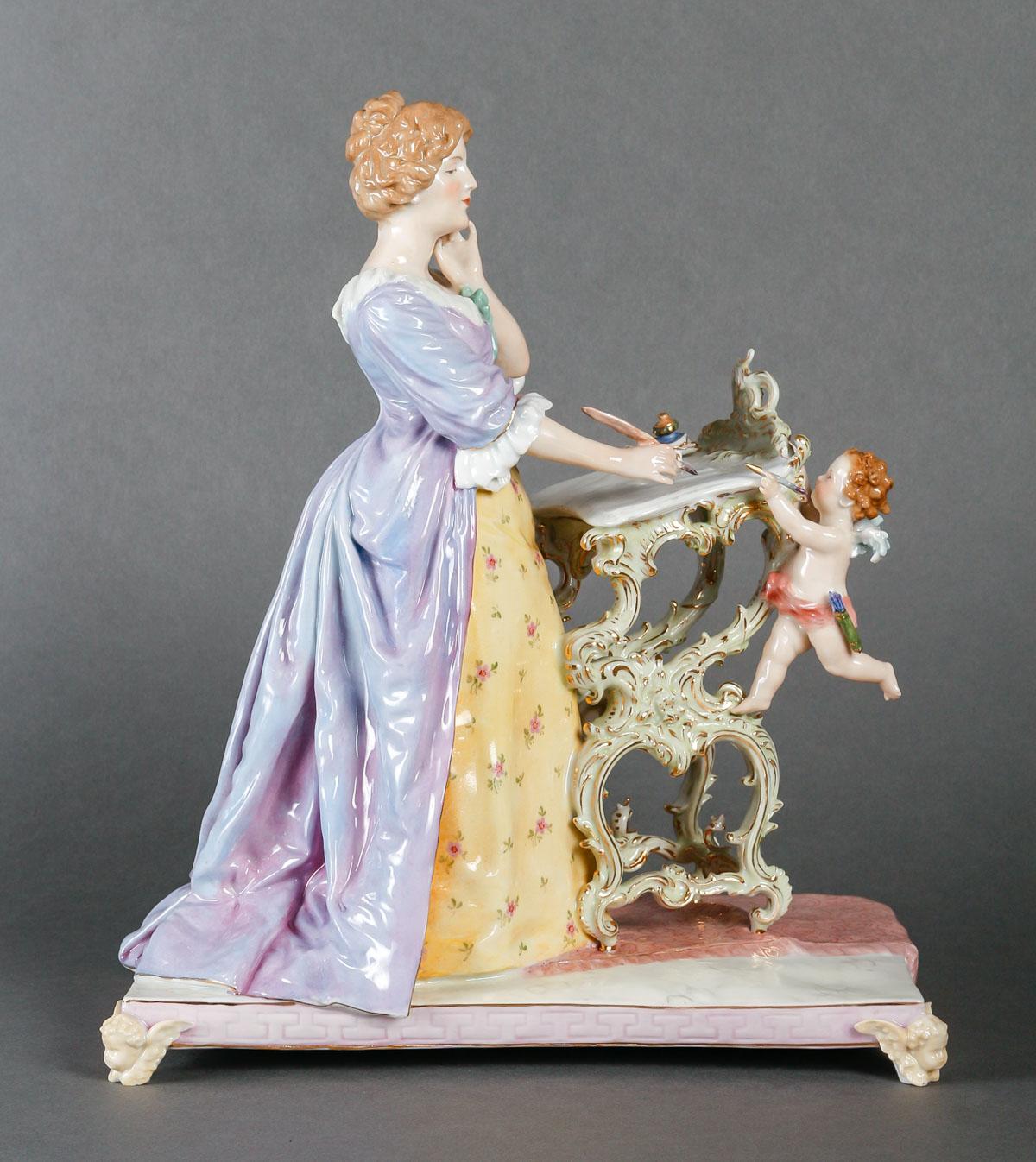 19th Century Nineteenth-Century Porcelain Sculpture, Elegant Woman at her Writing Table For Sale
