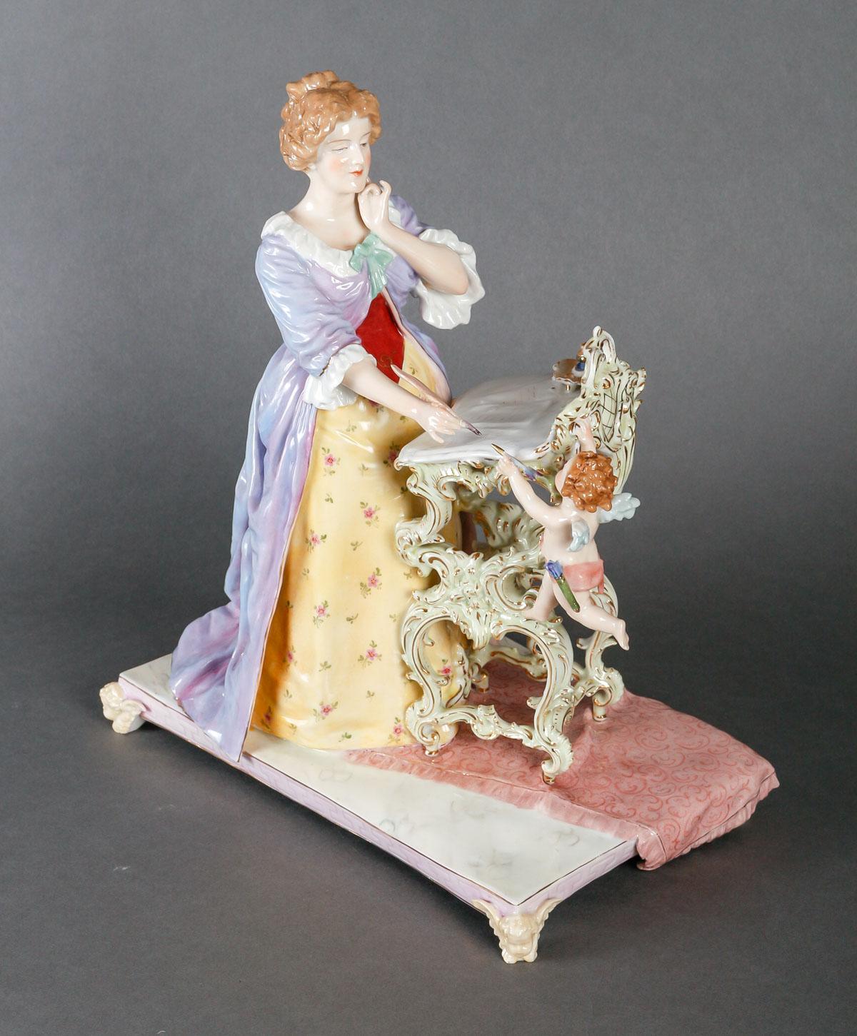 Nineteenth-Century Porcelain Sculpture, Elegant Woman at her Writing Table For Sale 2