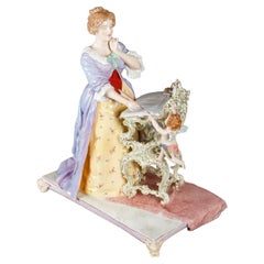 Antique Nineteenth-Century Porcelain Sculpture, Elegant Woman at her Writing Table