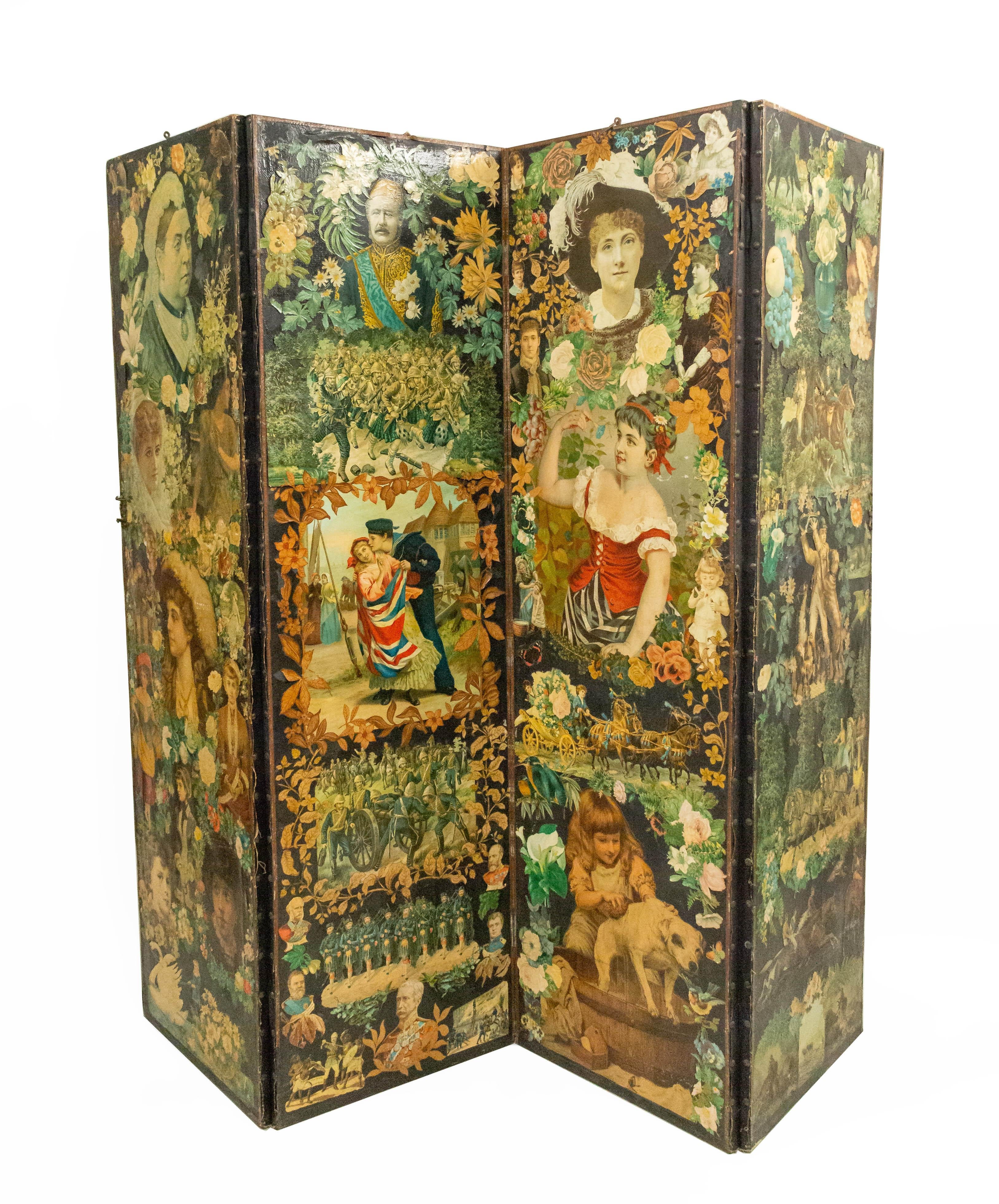Paravento inglese vittoriano (XIX secolo) dipinto e decoupage a 2 lati e 4 pannelli con scene e figure.

Alcune usure e sfaldature sulle decalcomanie di carta
