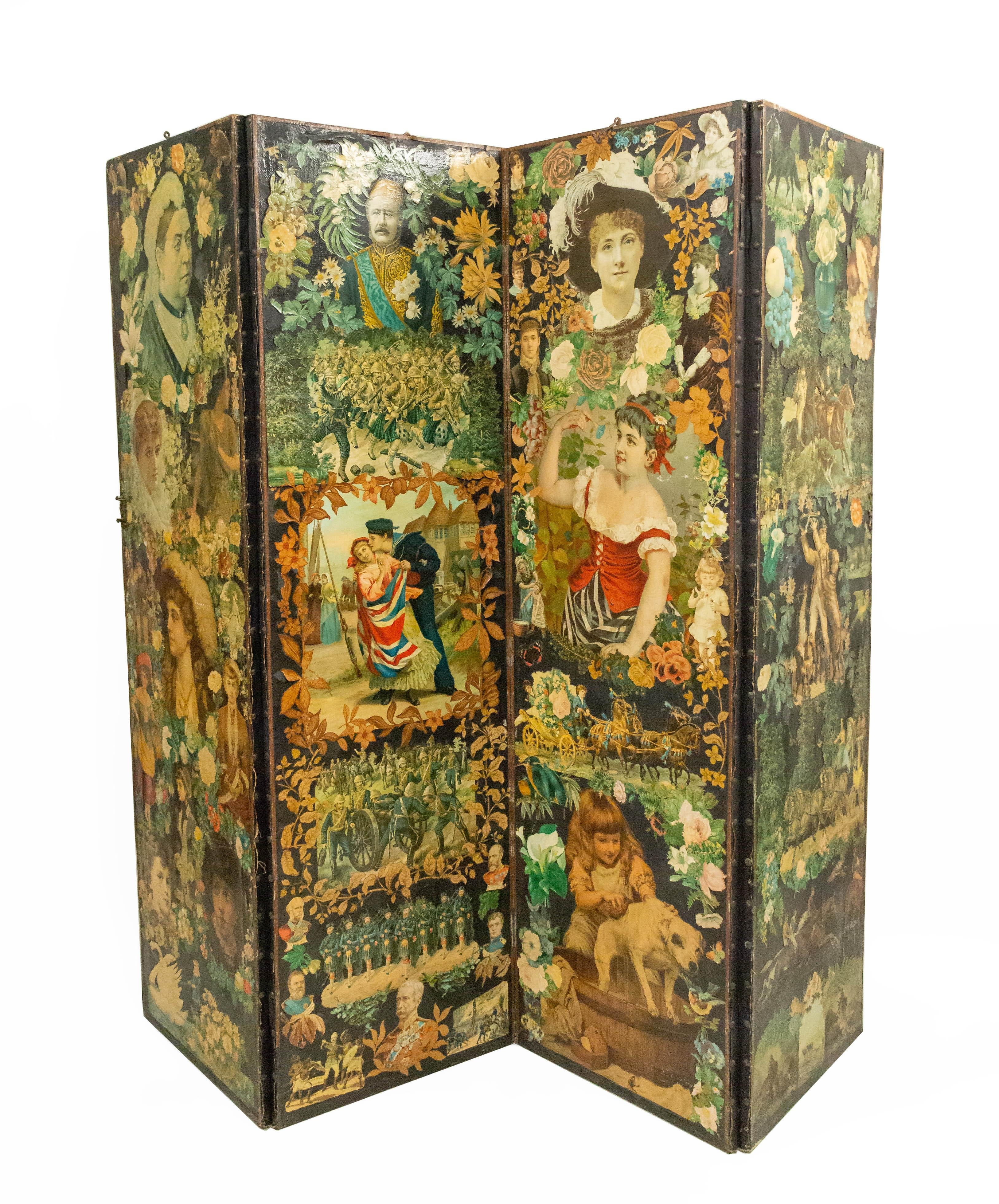 English late Victorian painted and decoupage 4-panel screen with figurative scenes on both sides of screen.