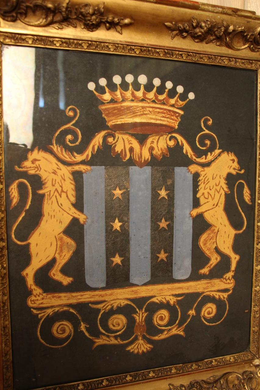 Coat of arms with count's crown (identified) watercolor and gouache under glass framed in a gilded Charles X frame (accidents to the frame) frame size: 59 cm by 52 cm gouache size: 44.5 cm by 36.5 cm provenance: castle of clevant, morthe and moselle.