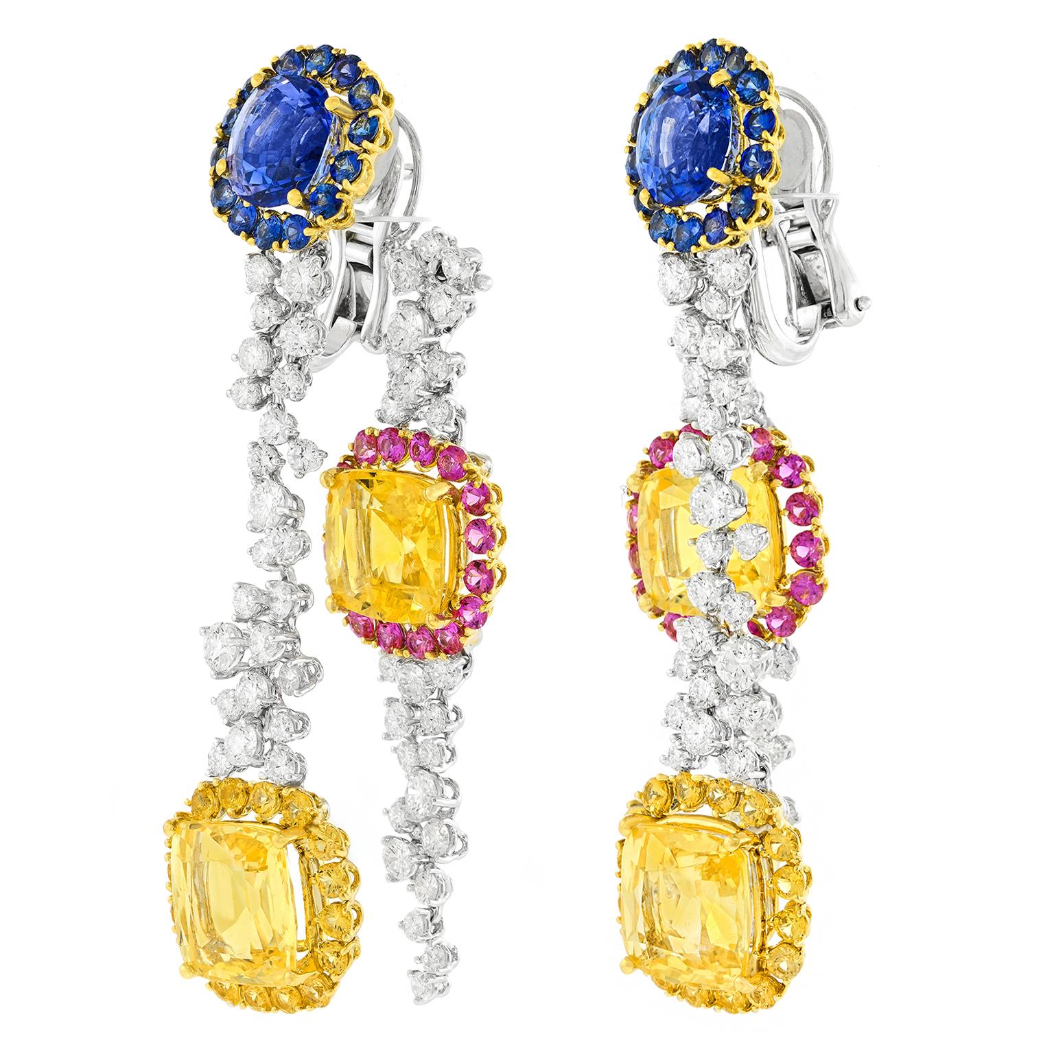 Taille ronde Boucles d'oreilles chandelier en saphir et diamant italien des années 90 en vente