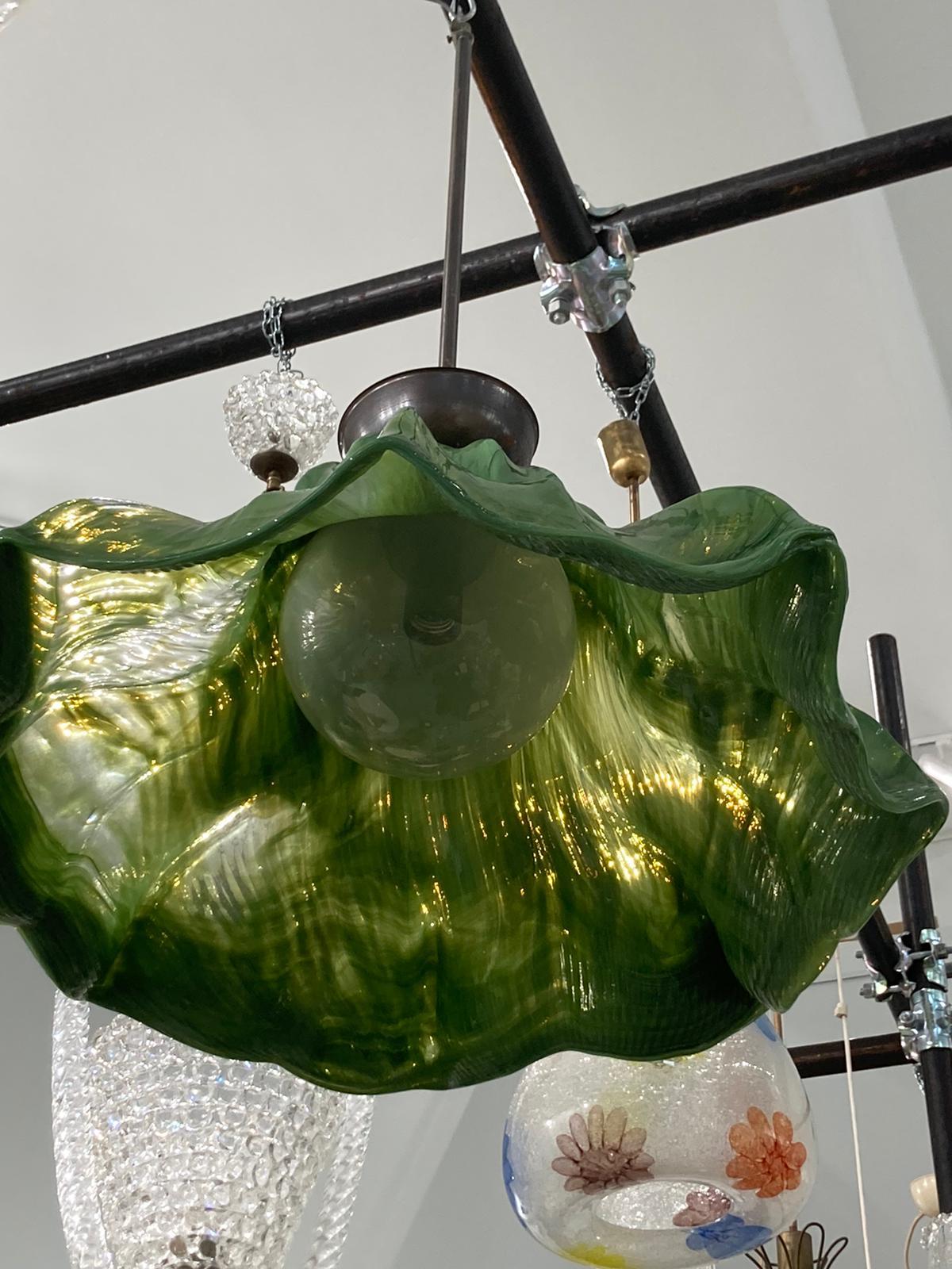 Italian Green Marble Blown Glass Ninfea Pendant Toni Zuccheri 70s Venini Murano For Sale