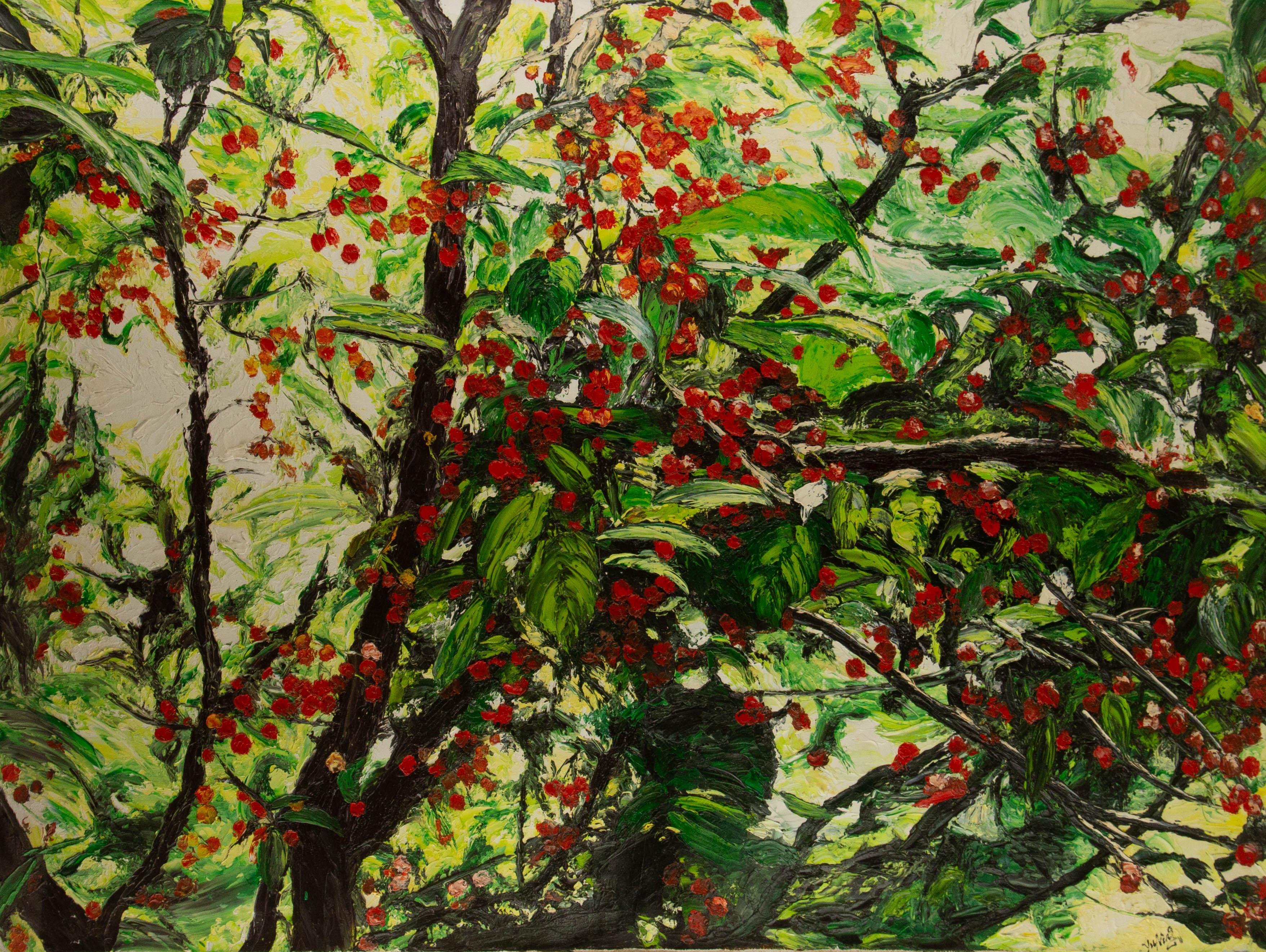 Ning Yu Landscape Original Oil On Canvas "Cherry Tree"