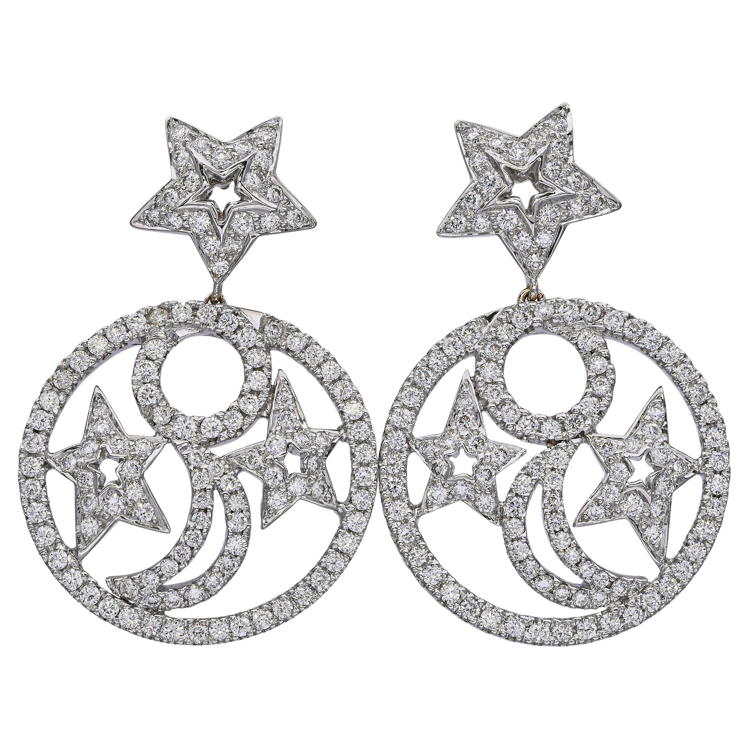 Nini 18k White Gold Diamond Star and Crescent Dangle Earrings For Sale