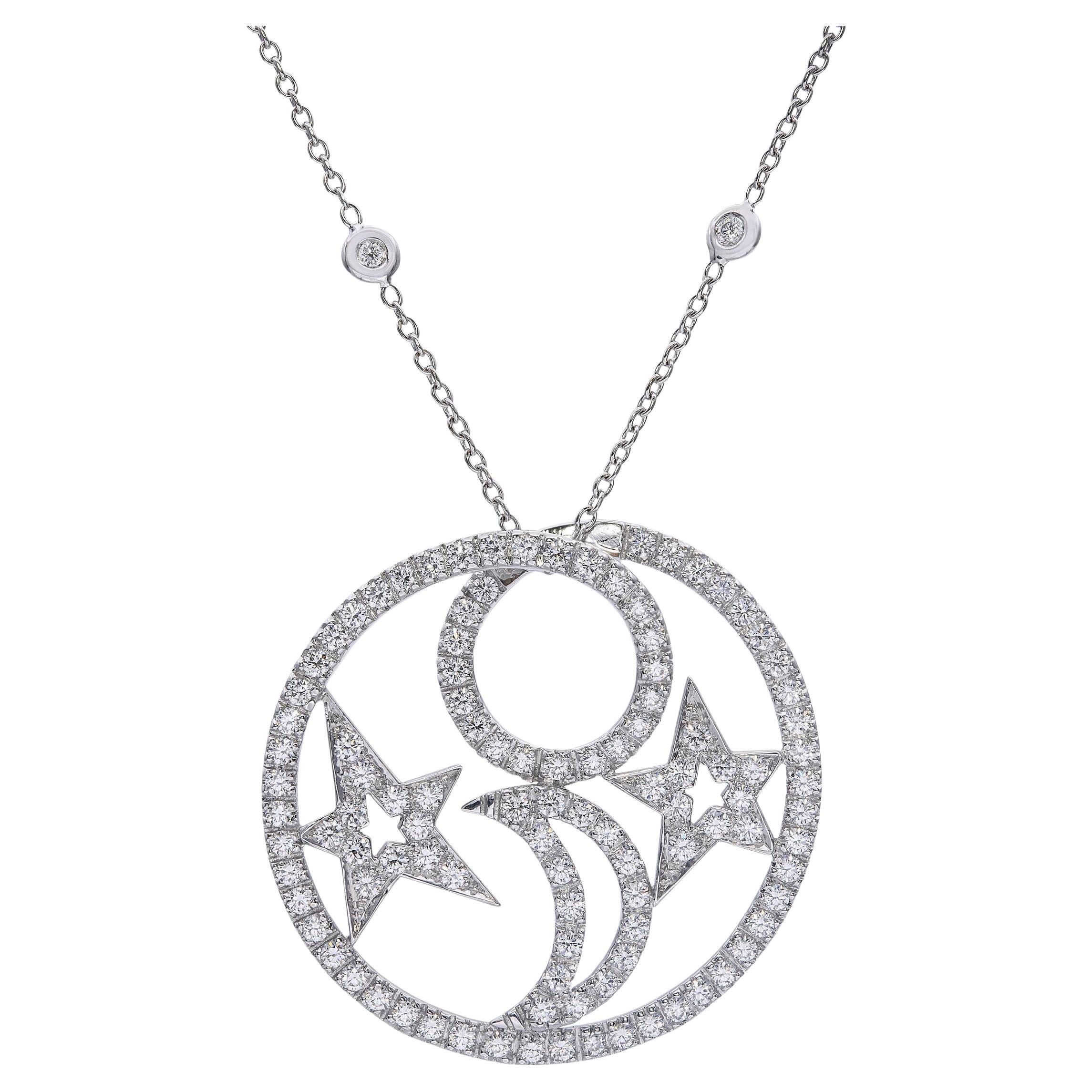 Nini 18k White Gold Diamond Star and Moon Pendant Necklace in vendita