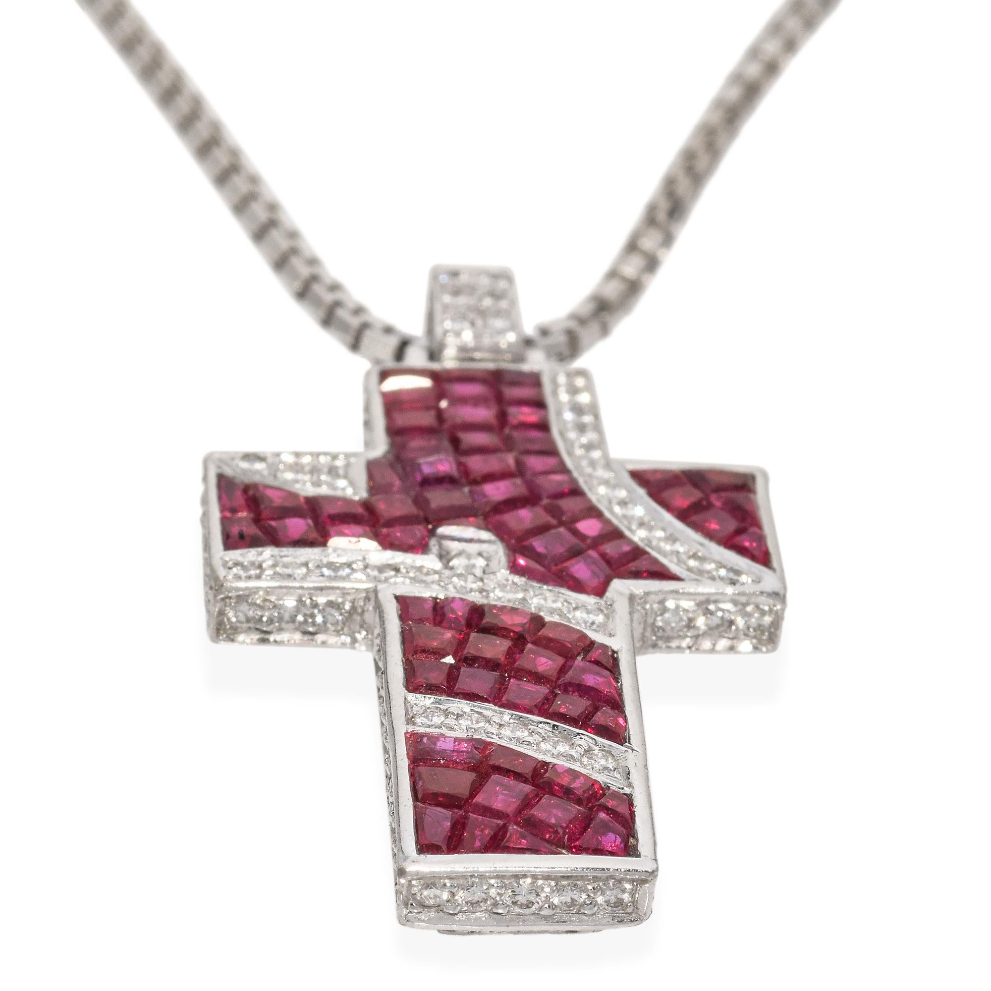 Quadrato Ciondolo a forma di croce con rubini e diamanti in oro bianco 18k Collection'S in vendita