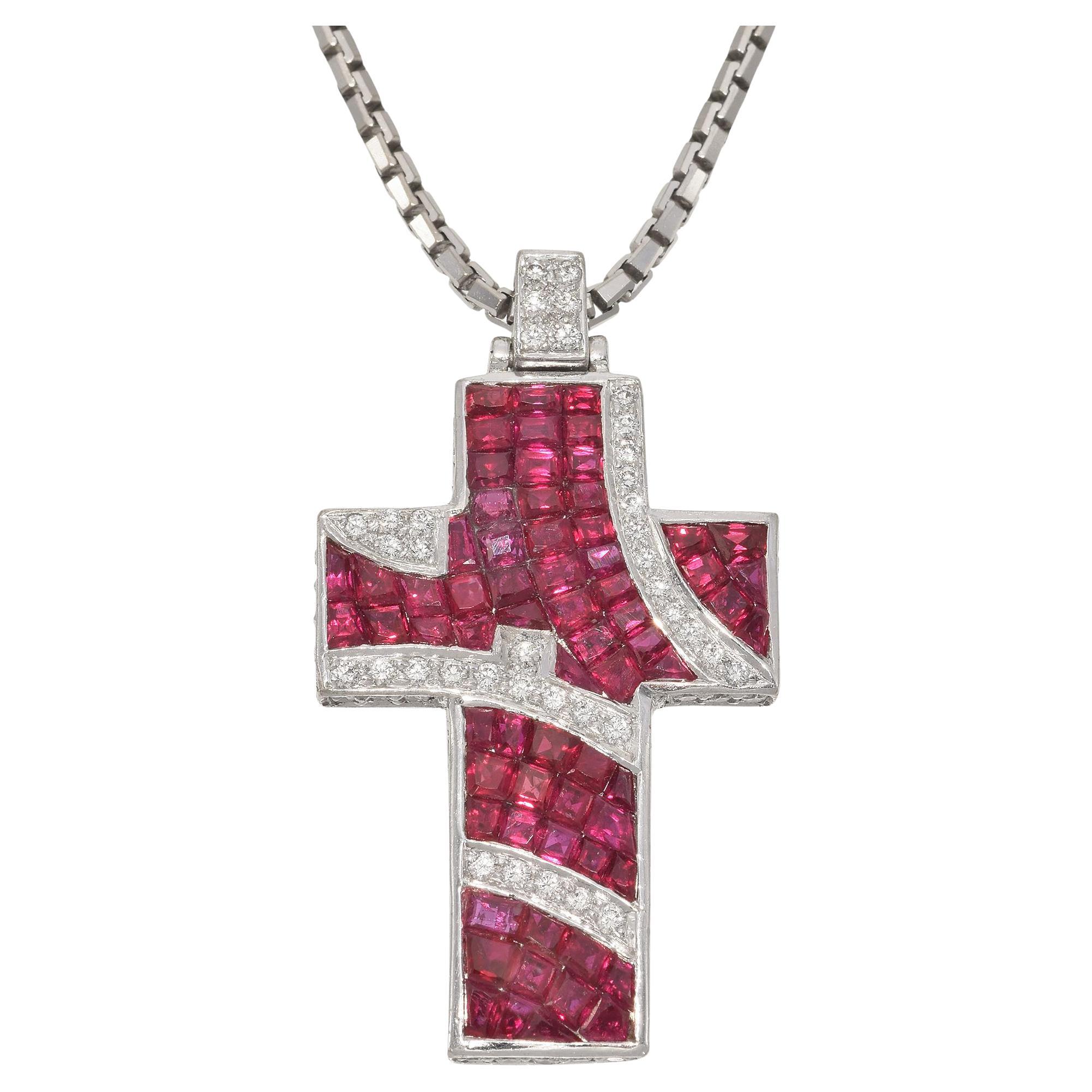 Colgante Cruz de Rubíes y Diamantes de Oro Blanco de 18k Colección Nini