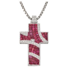 Colgante Cruz de Rubíes y Diamantes de Oro Blanco de 18k Colección Nini