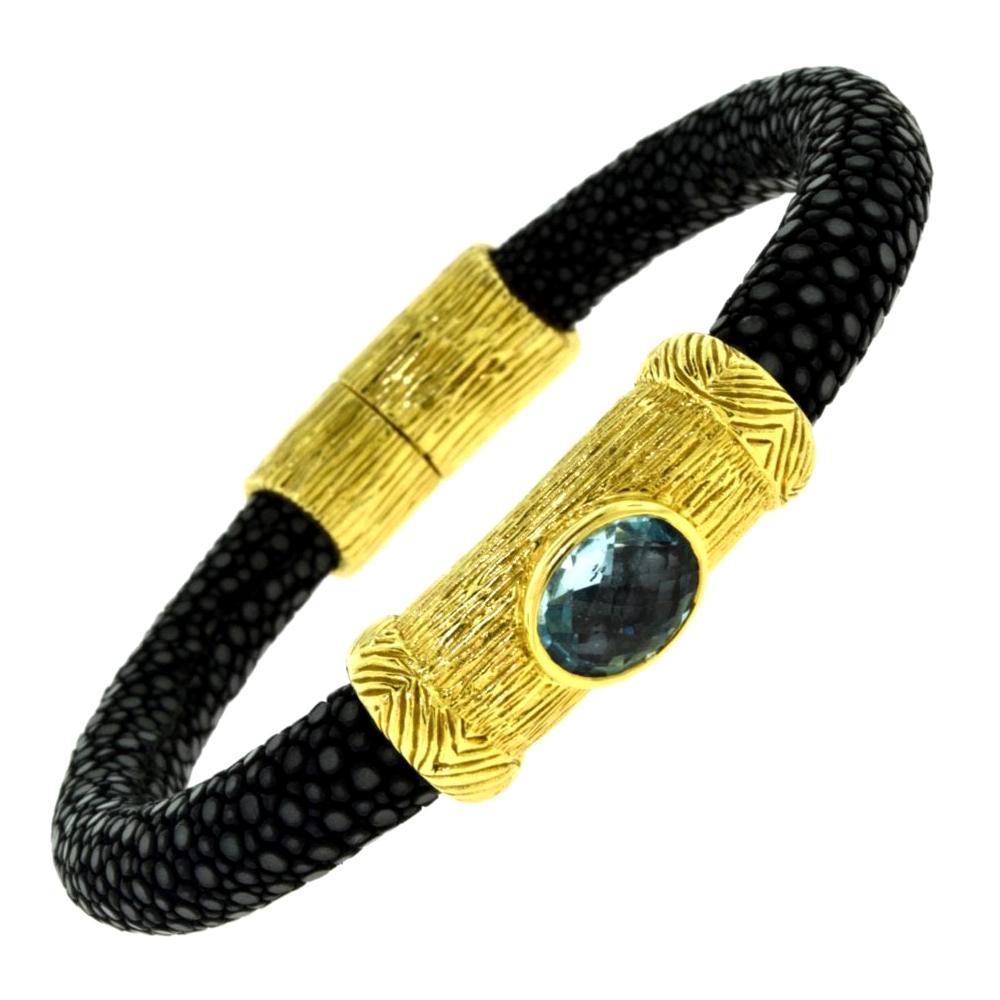 NINI Jewels Black Snake Finish Yellow Gold Bracelet with Blue Topaz Center Stone