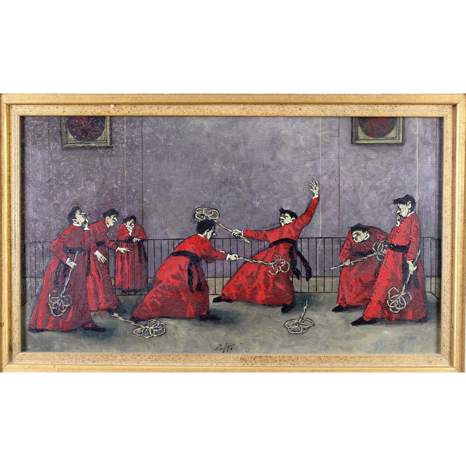 Feines italienisches Ölgemälde auf Täfelung „Battipanni“, „The Carpet Beaters“, Ölgemälde, Mitte des 20. Jahrhunderts – Painting von Nino Caffè