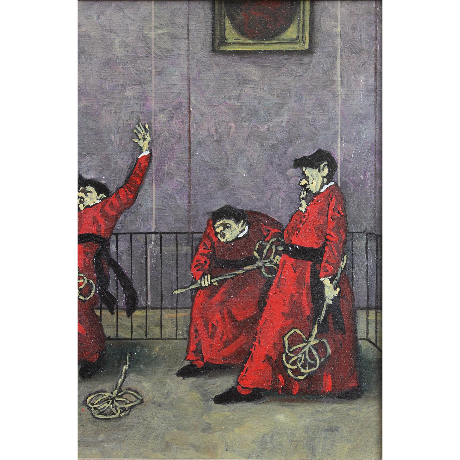 Feines italienisches Ölgemälde auf Täfelung „Battipanni“, „The Carpet Beaters“, Ölgemälde, Mitte des 20. Jahrhunderts im Angebot 1
