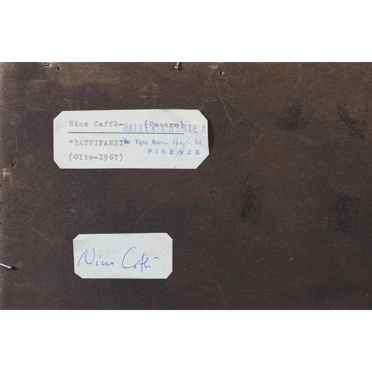 Feines italienisches Ölgemälde auf Täfelung „Battipanni“, „The Carpet Beaters“, Ölgemälde, Mitte des 20. Jahrhunderts im Angebot 3