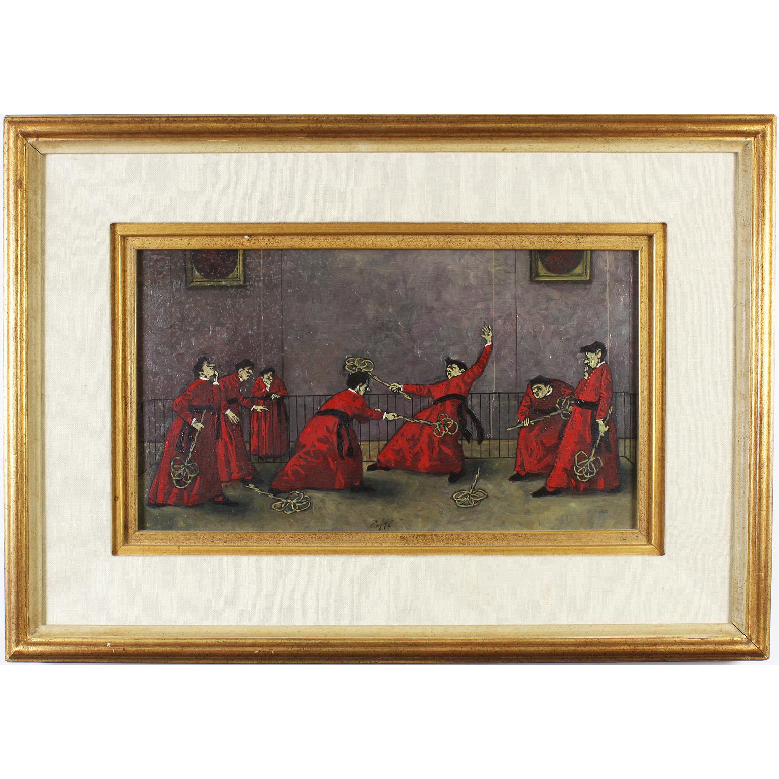 Nino Caffè Figurative Painting – Feines italienisches Ölgemälde auf Täfelung „Battipanni“, „The Carpet Beaters“, Ölgemälde, Mitte des 20. Jahrhunderts