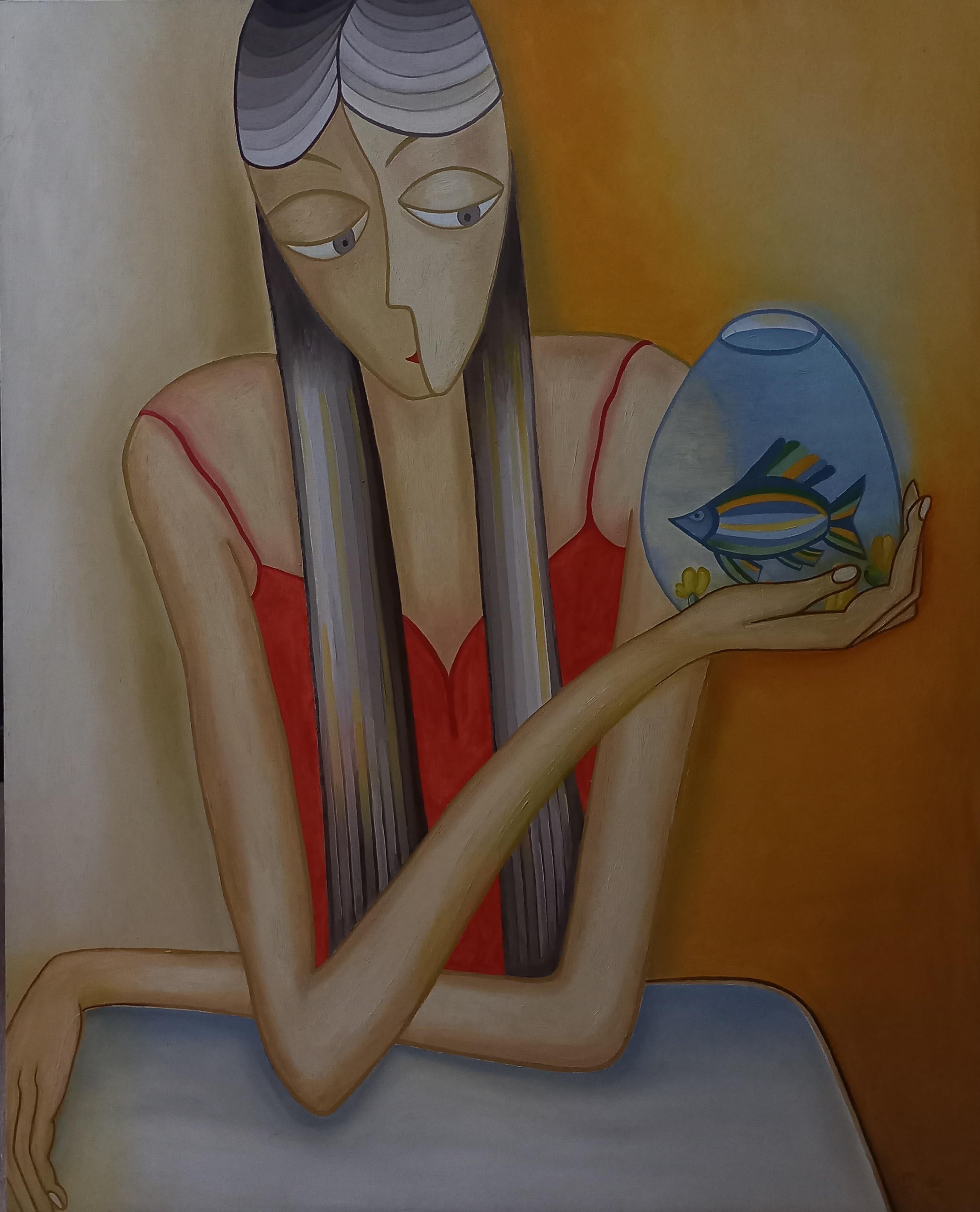 Georgianische zeitgenössische Kunst von Nino Chichinadze – Ein Mädchen mit Aquarium