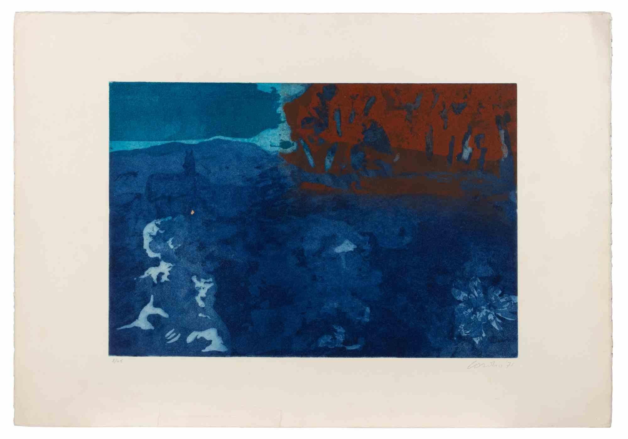 Gravure et aquatinte en couleur sur papier vélin. 
Signé et daté en bas à droite "Cordio 71" ; numéroté en bas à gauche. Edition de 45 exemplaires.

Cette gravure couleur évocatrice de l'artiste sicilien Nino Cordio illustre son approche poétique et