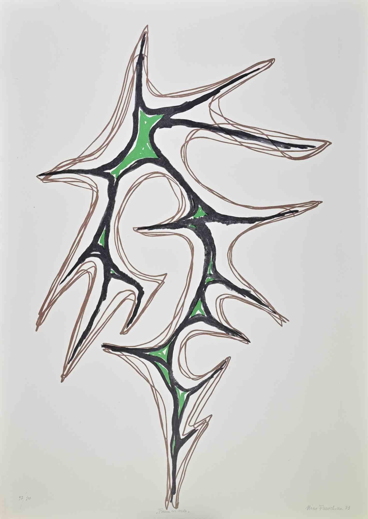 Green Pattern  is an original artwork realized by Nino Franchina in 1973 .

Colored lithograph on paper. Edited by La Nuova Foglio, Macerata.

Hand-signed and dated in pencil on the lower left. Titled on the lower center. Numbered on the lower